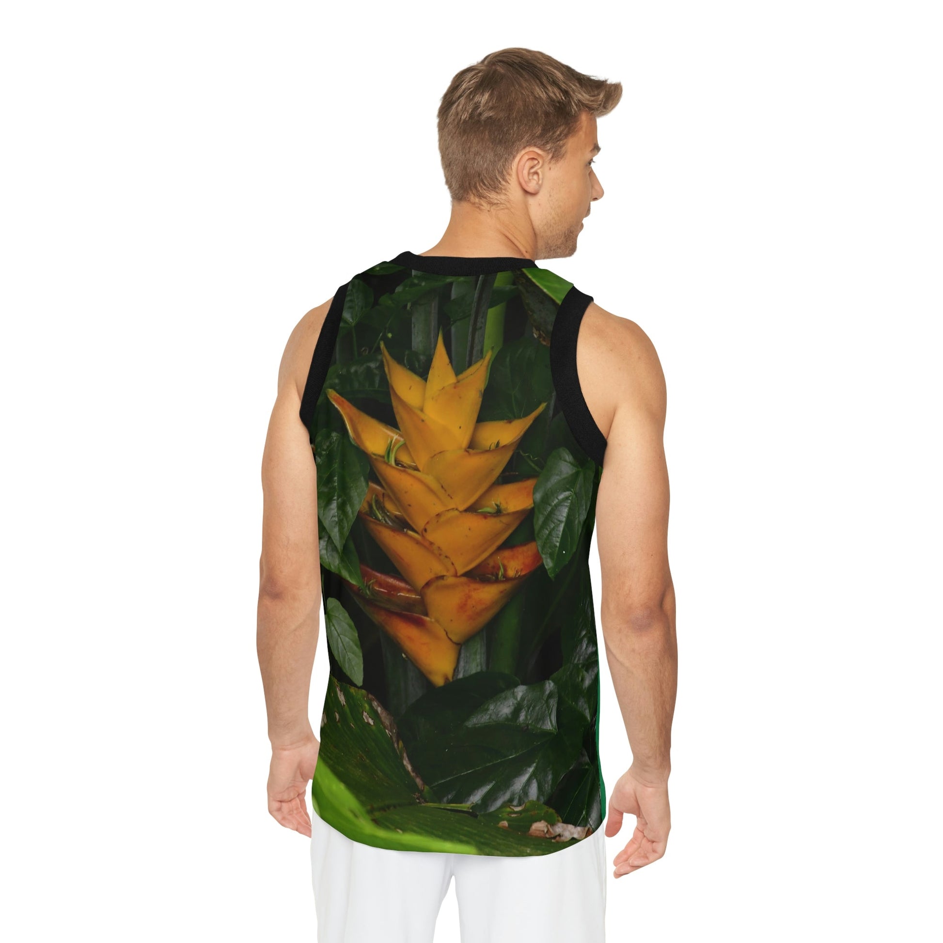 Unisex Basketball Jersey (AOP) - All Over Print - Tropical Heliconia flowers from El Yunque Rainforest Puerto Rico - Made in China - Green Forest Home