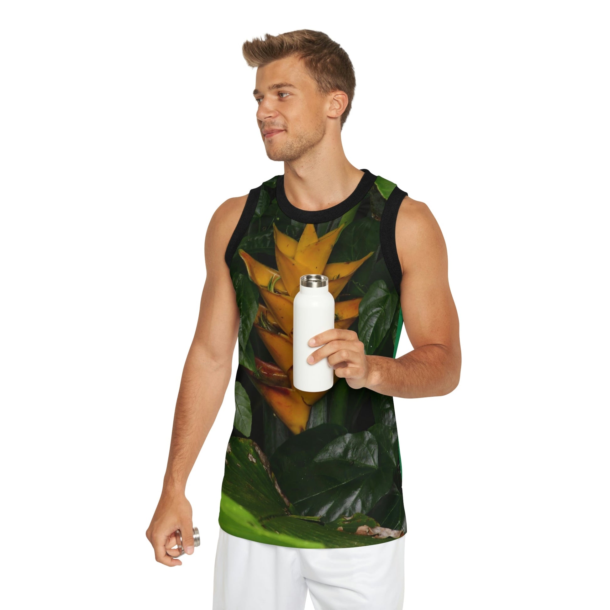 Unisex Basketball Jersey (AOP) - All Over Print - Tropical Heliconia flowers from El Yunque Rainforest Puerto Rico - Made in China - Green Forest Home