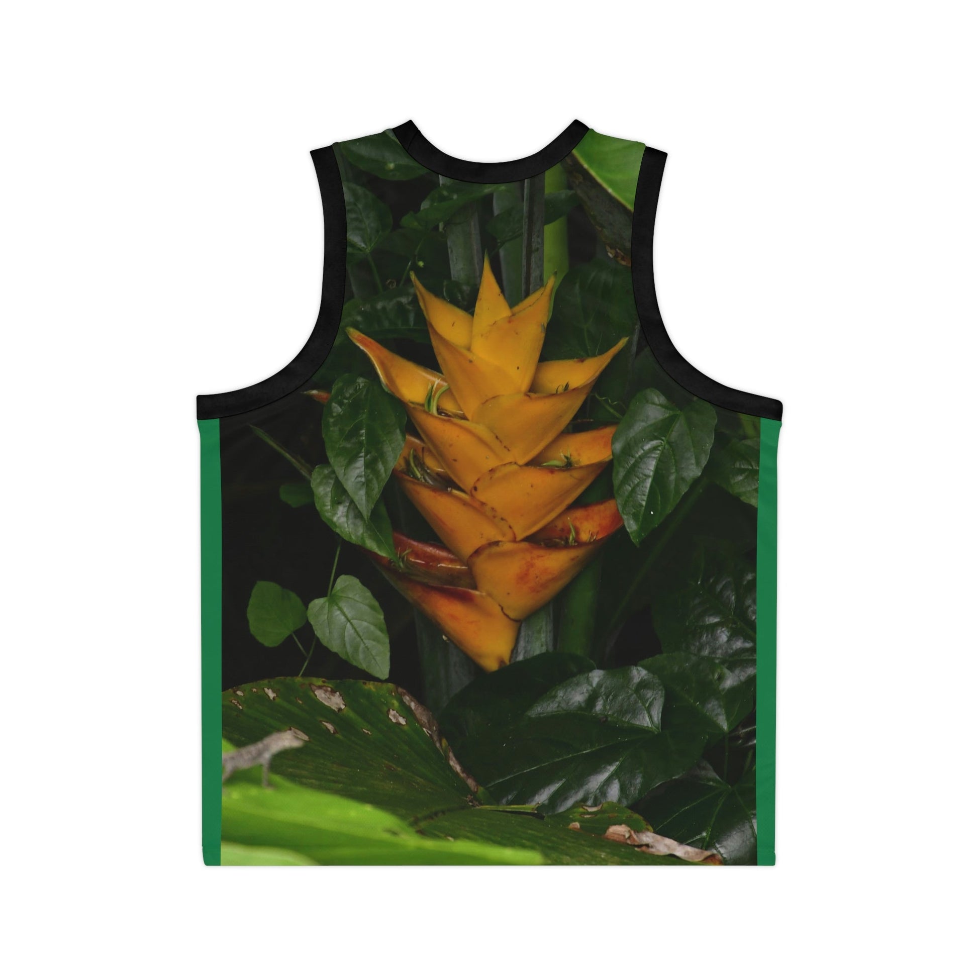 Unisex Basketball Jersey (AOP) - All Over Print - Tropical Heliconia flowers from El Yunque Rainforest Puerto Rico - Made in China - Green Forest Home