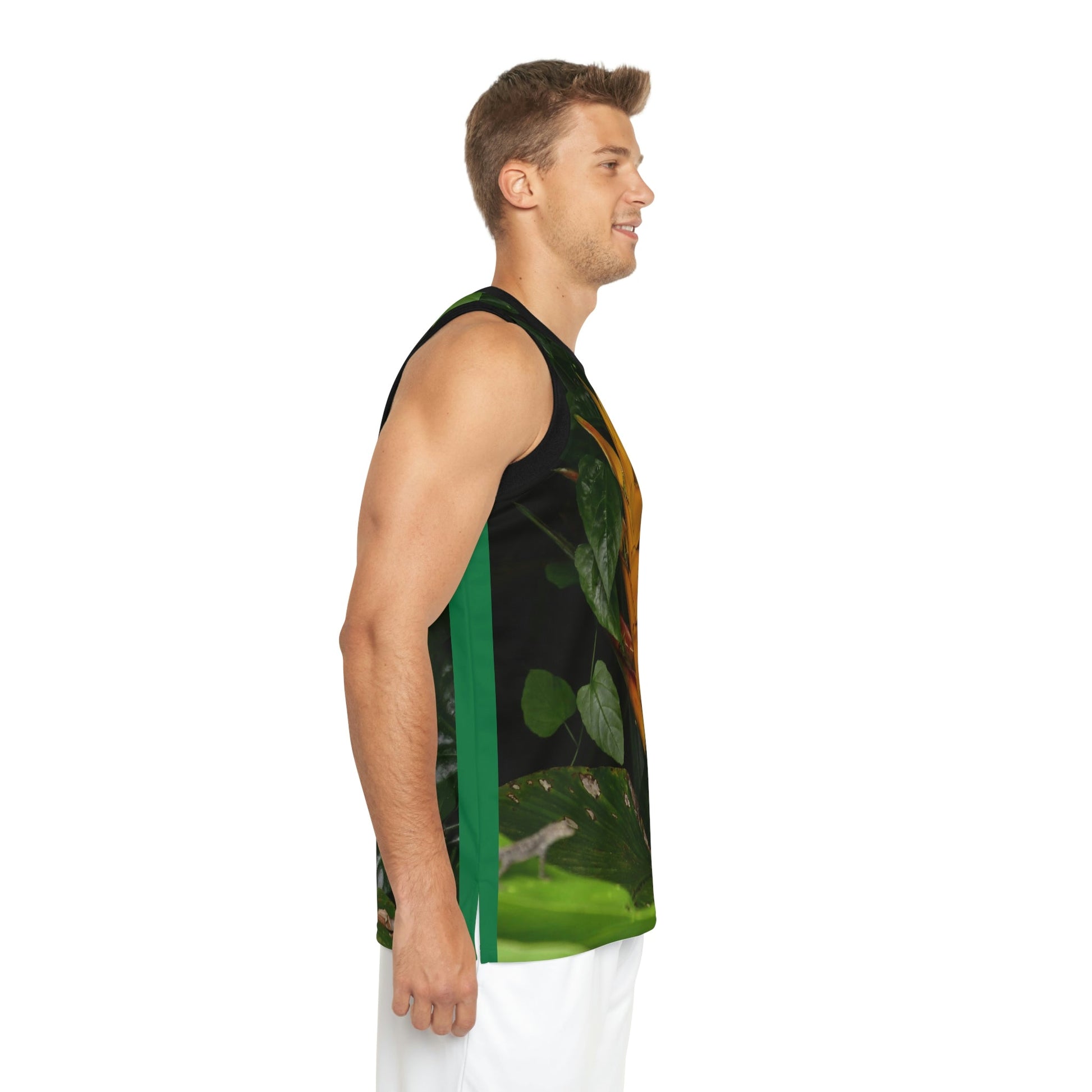 Unisex Basketball Jersey (AOP) - All Over Print - Tropical Heliconia flowers from El Yunque Rainforest Puerto Rico - Made in China - Green Forest Home