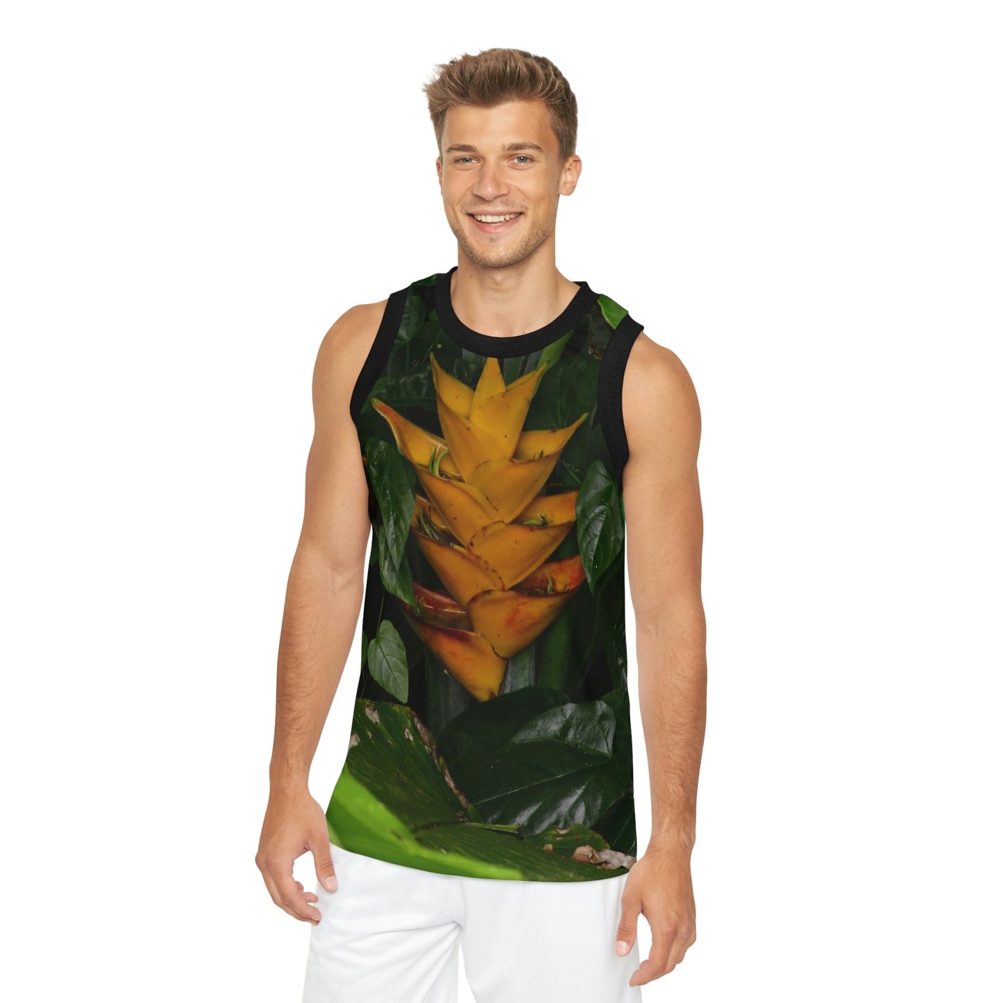 Unisex Basketball Jersey (AOP) - All Over Print - Tropical Heliconia flowers from El Yunque Rainforest Puerto Rico - Made in China - Green Forest Home