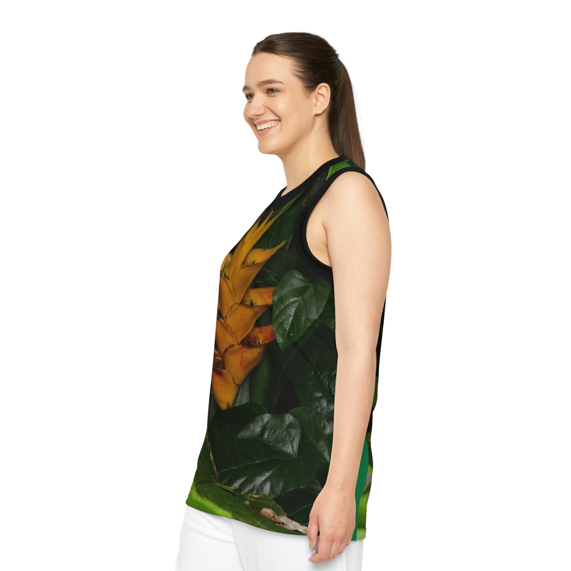 Unisex Basketball Jersey (AOP) - All Over Print - Tropical Heliconia flowers from El Yunque Rainforest Puerto Rico - Made in China - Green Forest Home