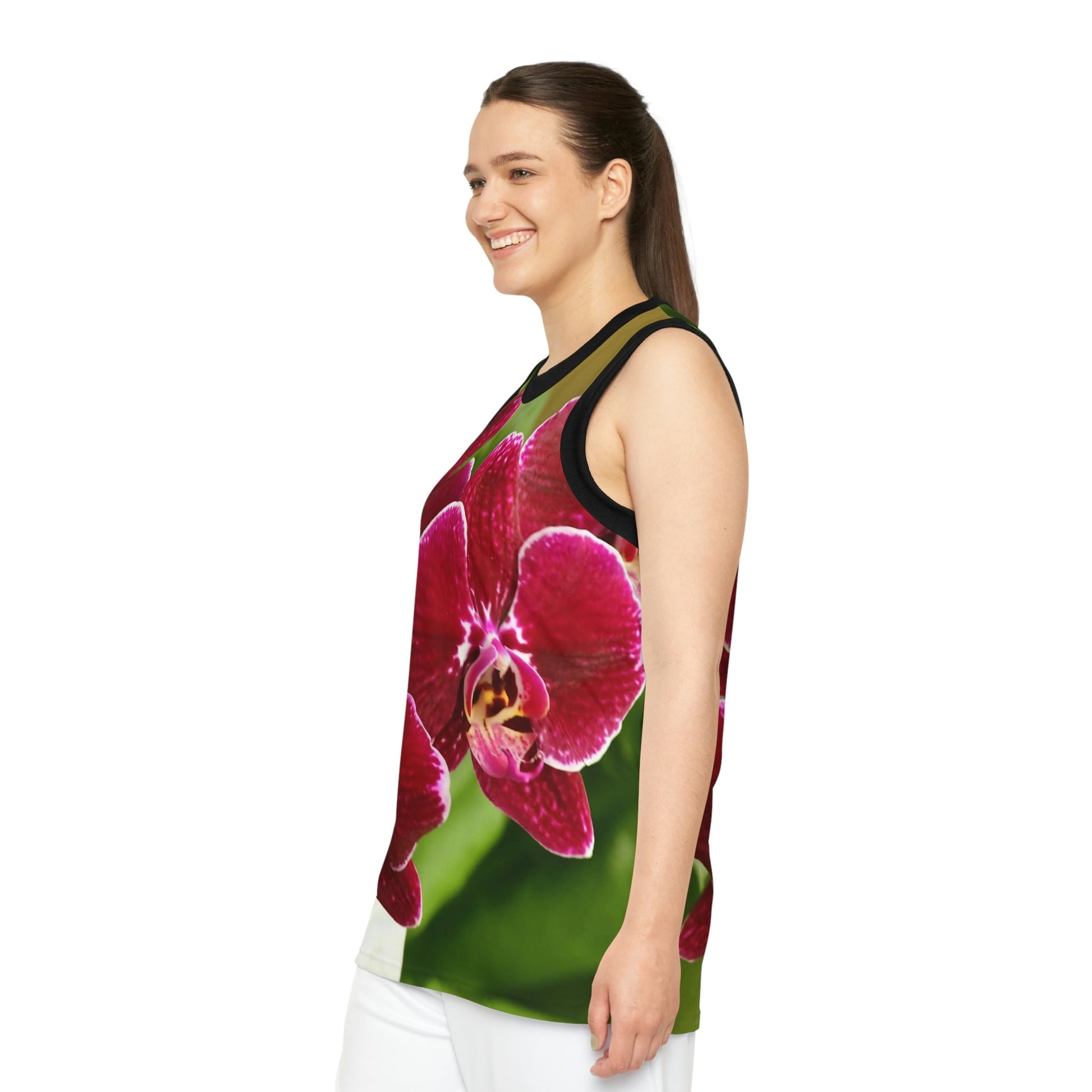 Unisex Basketball Jersey (AOP) - All Over Print - Tropical Orchid flowers from Isabela Puerto Rico - Made in China - Green Forest Home