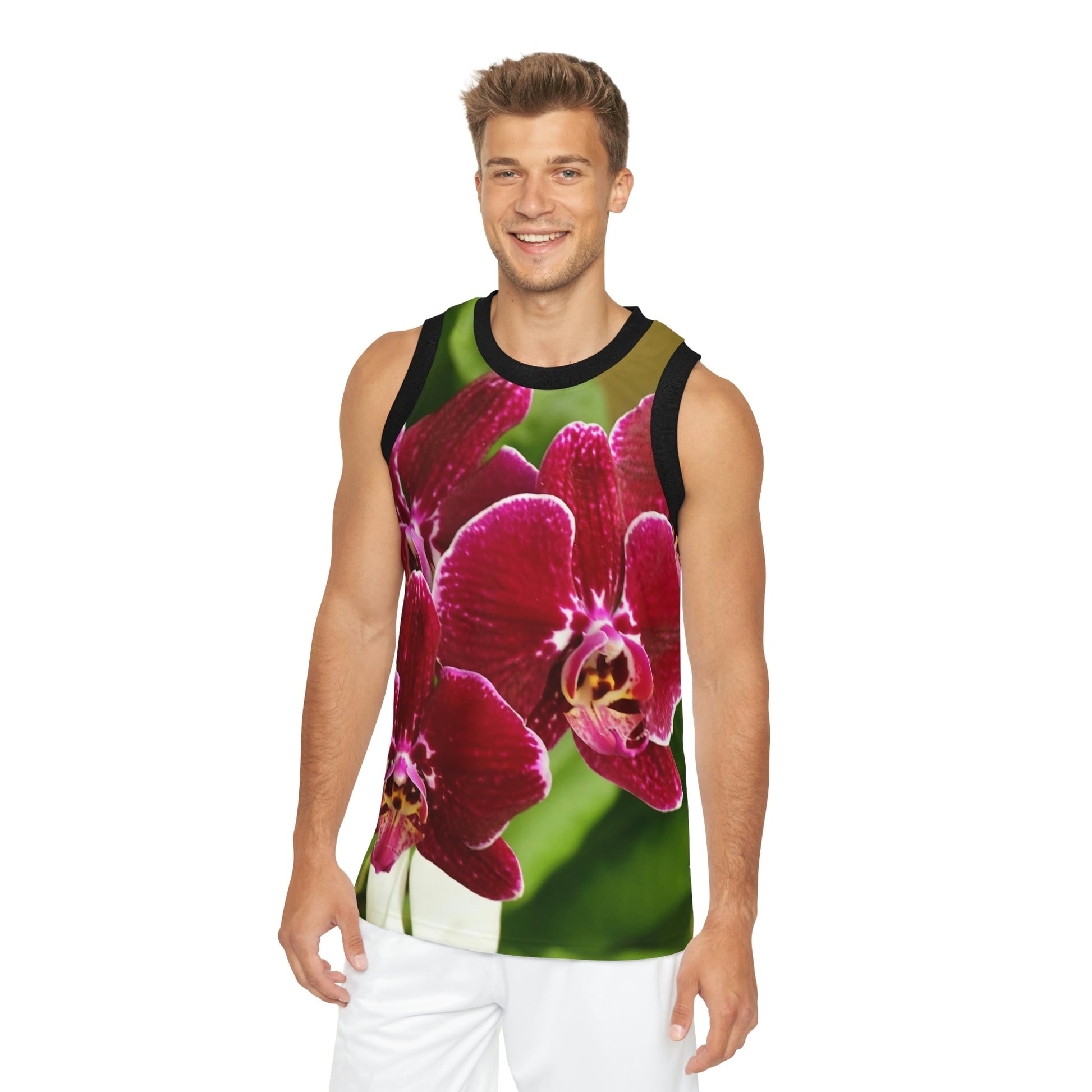 Unisex Basketball Jersey (AOP) - All Over Print - Tropical Orchid flowers from Isabela Puerto Rico - Made in China - Green Forest Home