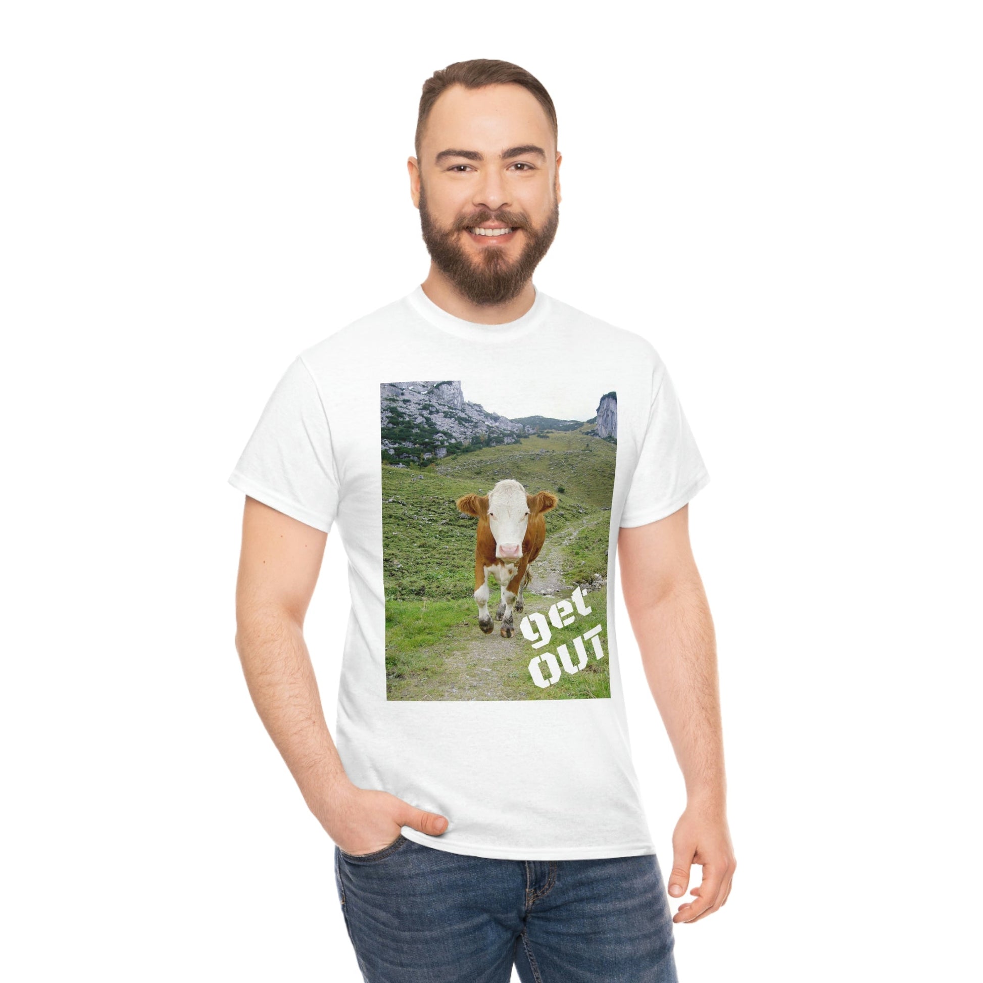 UNISEX Heavy Cotton Tee - Gildan 5000 - Holy Cow - GET OUT - Made in Canada by Print Geek in 3 days - Green Forest Home