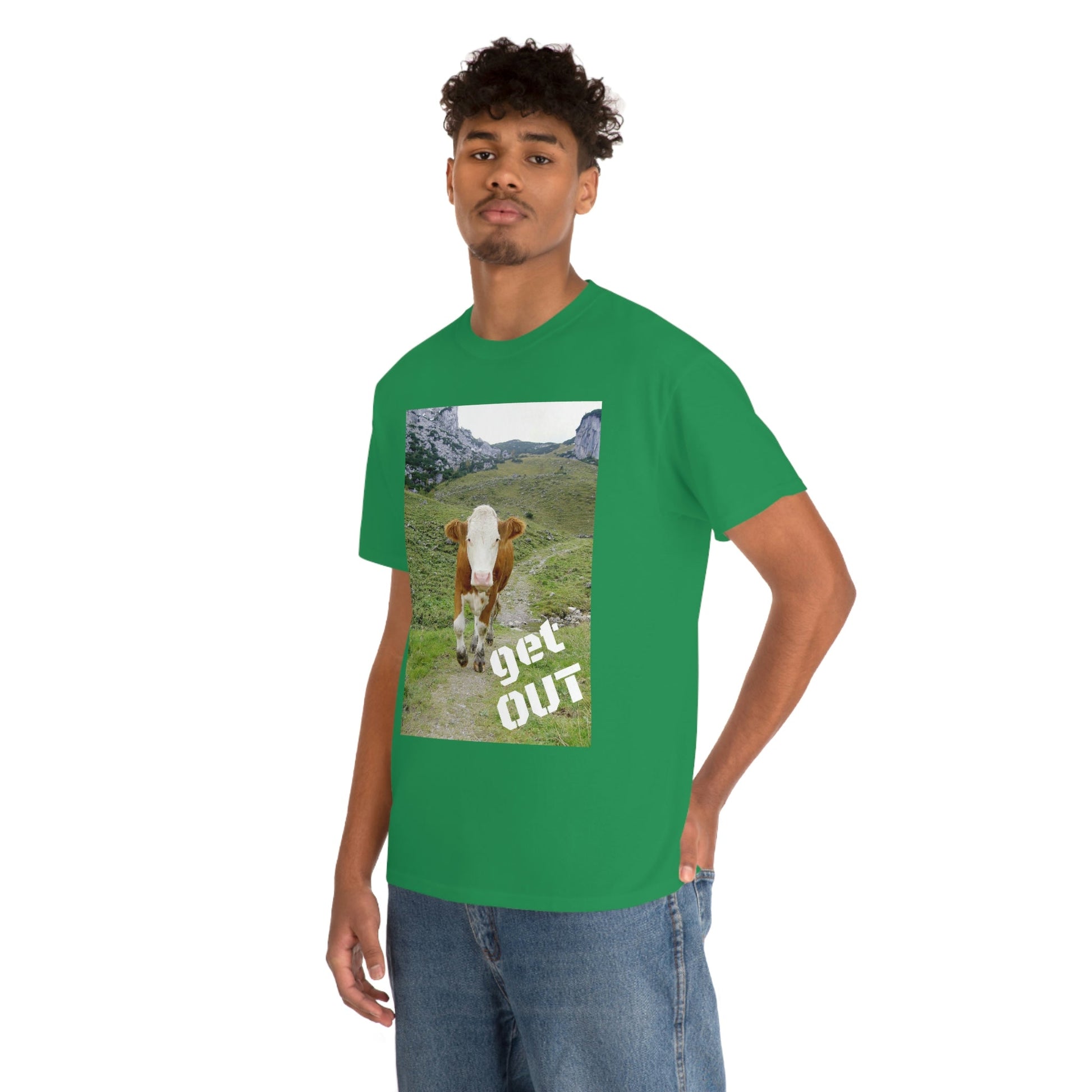 UNISEX Heavy Cotton Tee - Gildan 5000 - Holy Cow - GET OUT - Made in Canada by Print Geek in 3 days - Green Forest Home