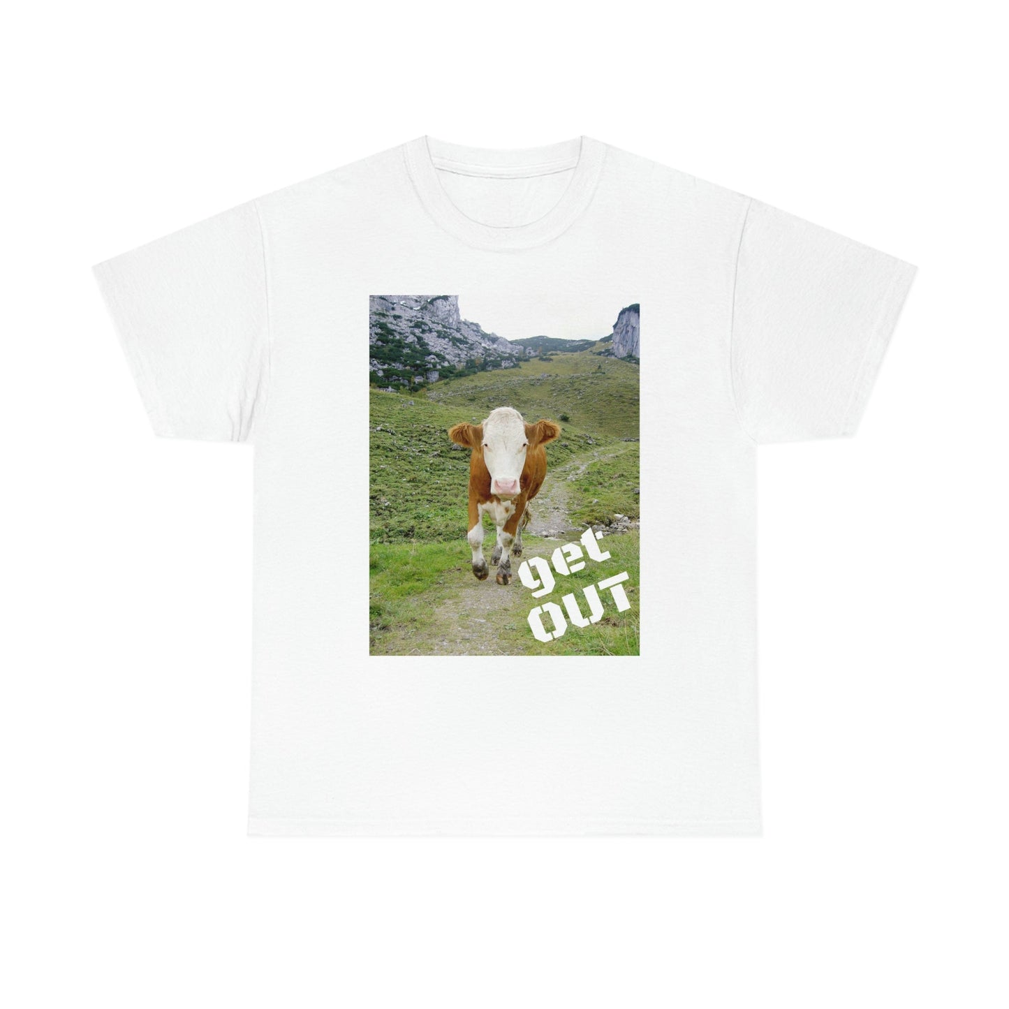 UNISEX Heavy Cotton Tee - Gildan 5000 - Holy Cow - GET OUT - Made in Canada by Print Geek in 3 days - Green Forest Home