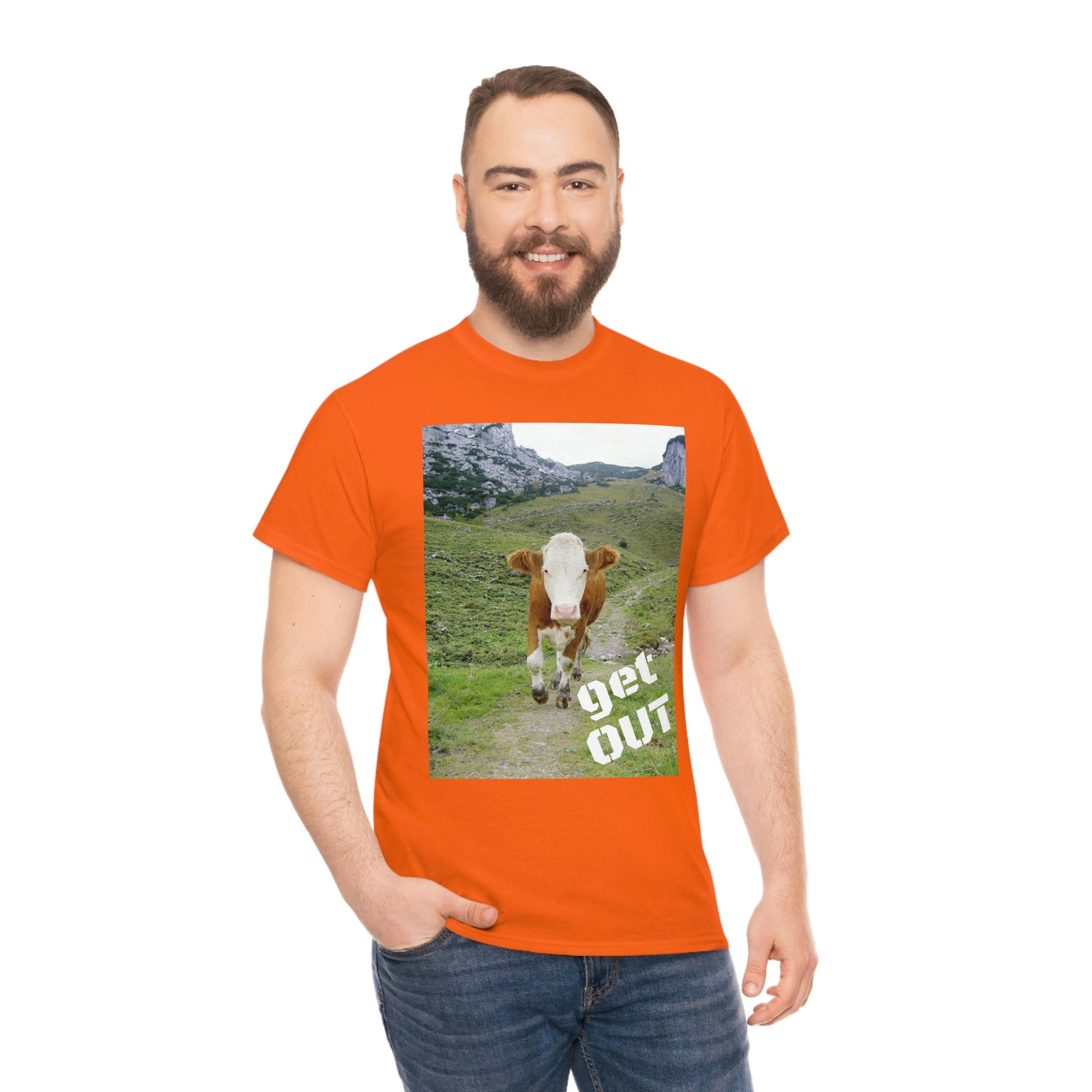 UNISEX Heavy Cotton Tee - Gildan 5000 - Holy Cow - GET OUT - Made in Canada by Print Geek in 3 days - Green Forest Home