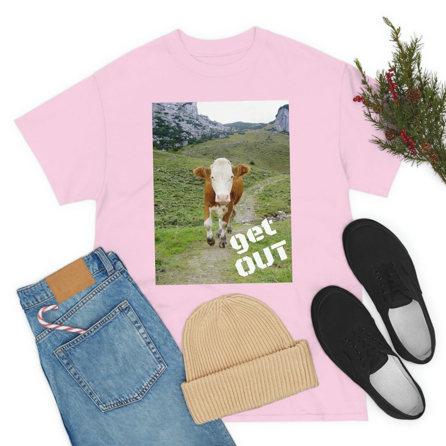 UNISEX Heavy Cotton Tee - Gildan 5000 - Holy Cow - GET OUT - Made in Canada by Print Geek in 3 days - Green Forest Home