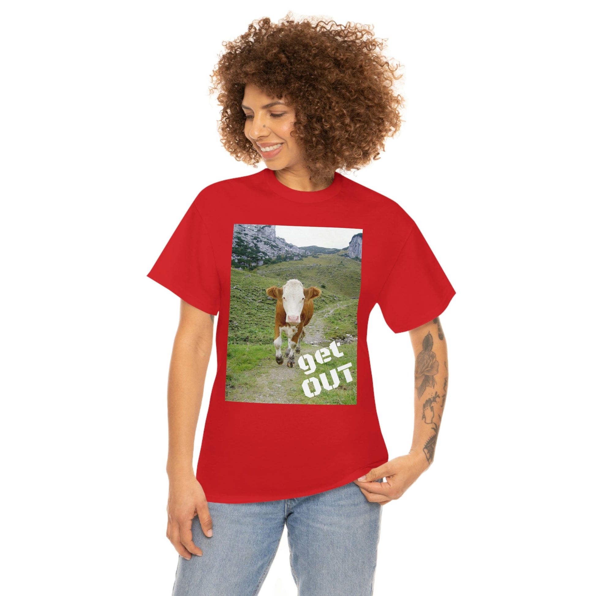 UNISEX Heavy Cotton Tee - Gildan 5000 - Holy Cow - GET OUT - Made in Canada by Print Geek in 3 days - Green Forest Home