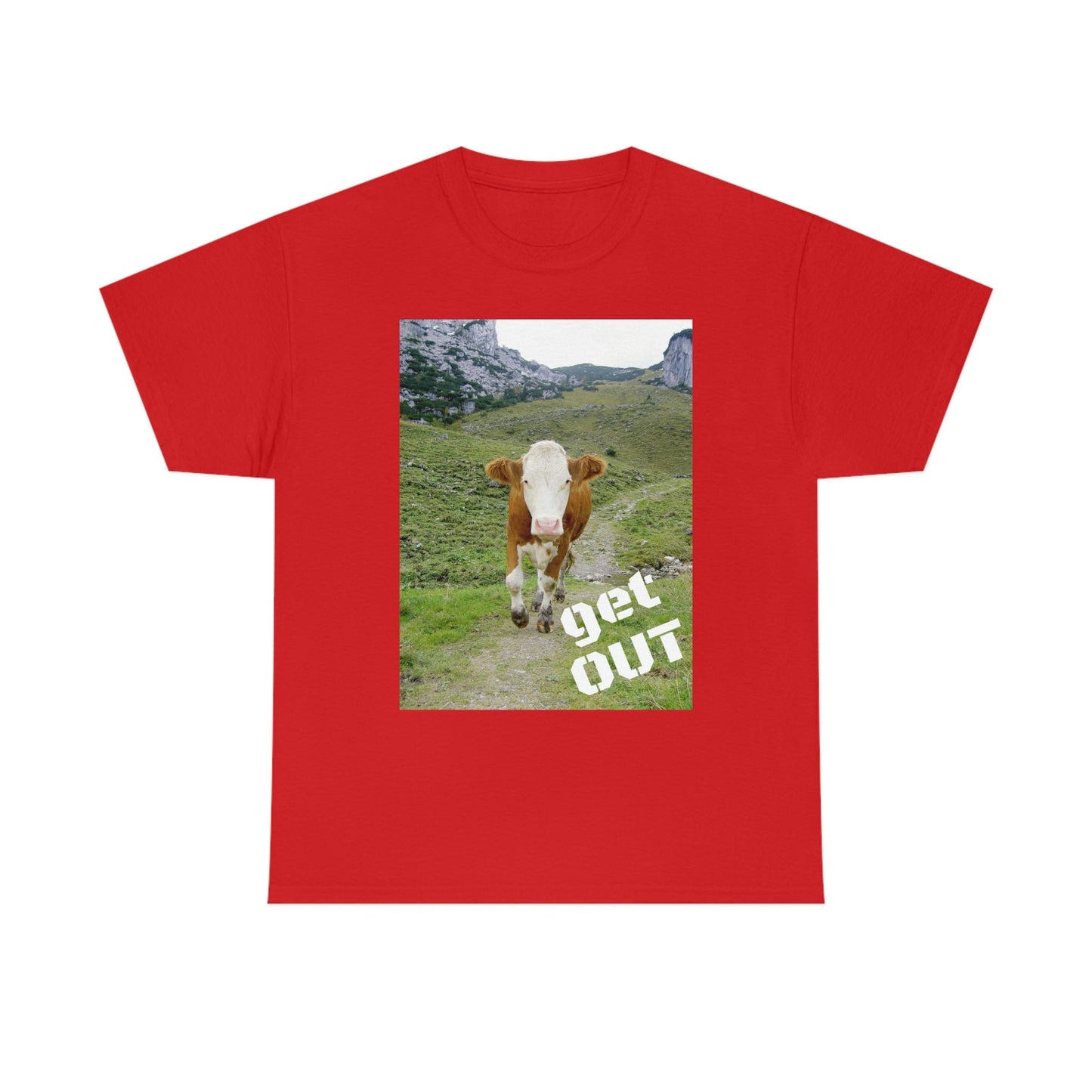 UNISEX Heavy Cotton Tee - Gildan 5000 - Holy Cow - GET OUT - Made in Canada by Print Geek in 3 days - Green Forest Home