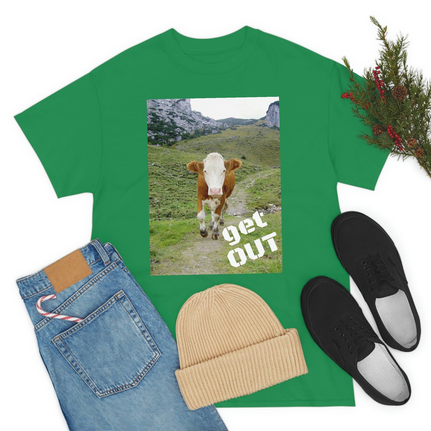 UNISEX Heavy Cotton Tee - Gildan 5000 - Holy Cow - GET OUT - Made in Canada by Print Geek in 3 days - Green Forest Home