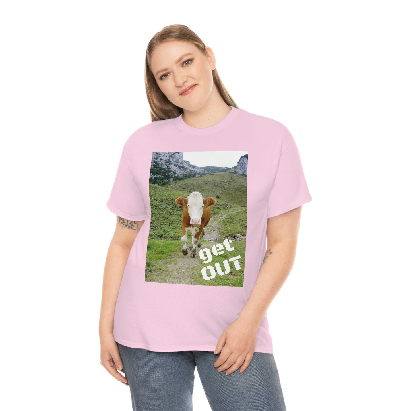 UNISEX Heavy Cotton Tee - Gildan 5000 - Holy Cow - GET OUT - Made in Canada by Print Geek in 3 days - Green Forest Home