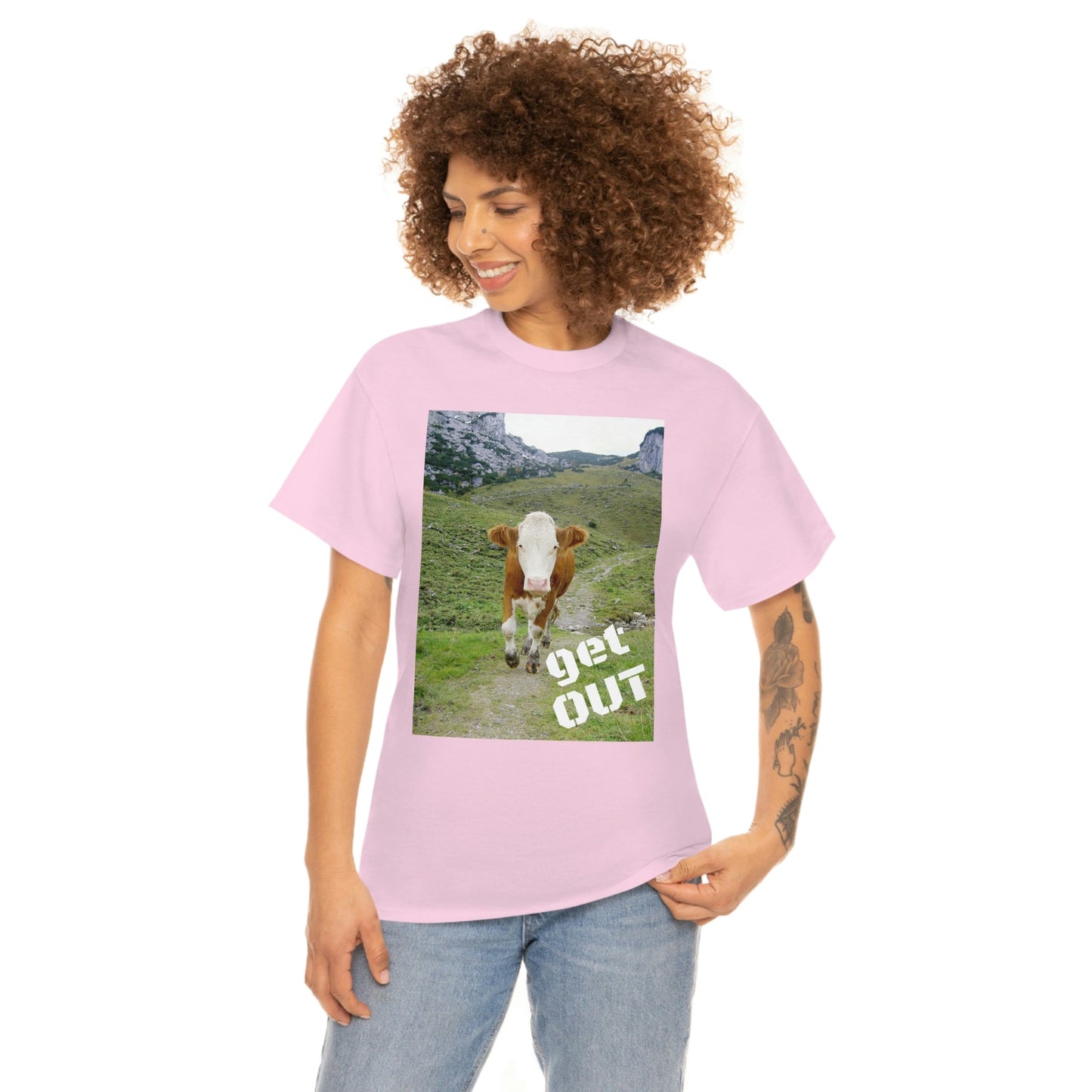 UNISEX Heavy Cotton Tee - Gildan 5000 - Holy Cow - GET OUT - Made in Canada by Print Geek in 3 days - Green Forest Home