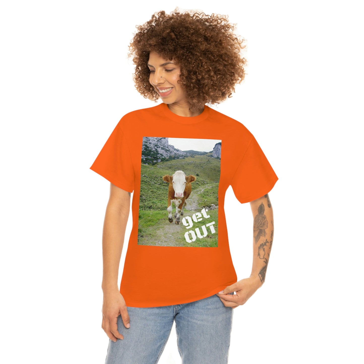 UNISEX Heavy Cotton Tee - Gildan 5000 - Holy Cow - GET OUT - Made in Canada by Print Geek in 3 days - Green Forest Home