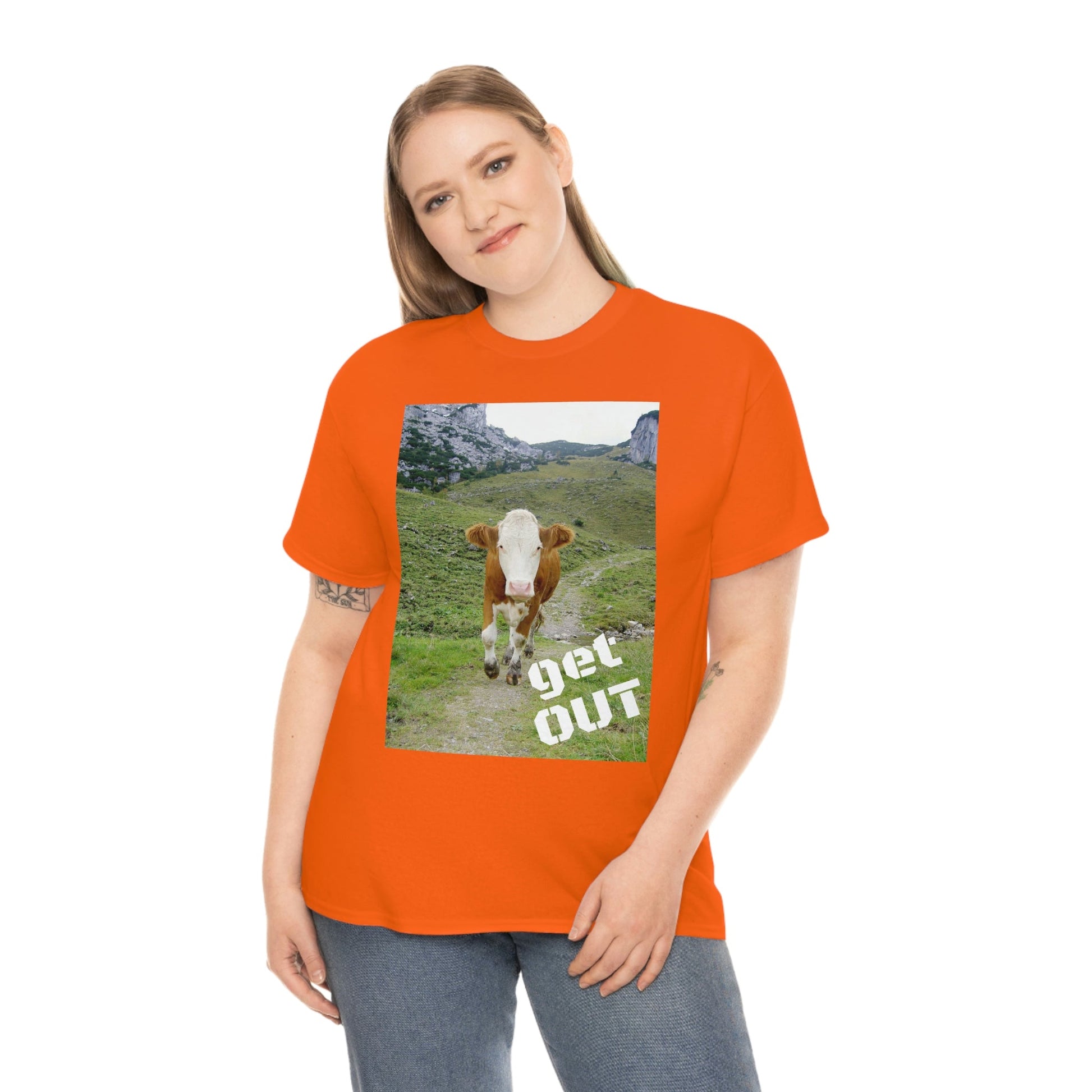 UNISEX Heavy Cotton Tee - Gildan 5000 - Holy Cow - GET OUT - Made in Canada by Print Geek in 3 days - Green Forest Home