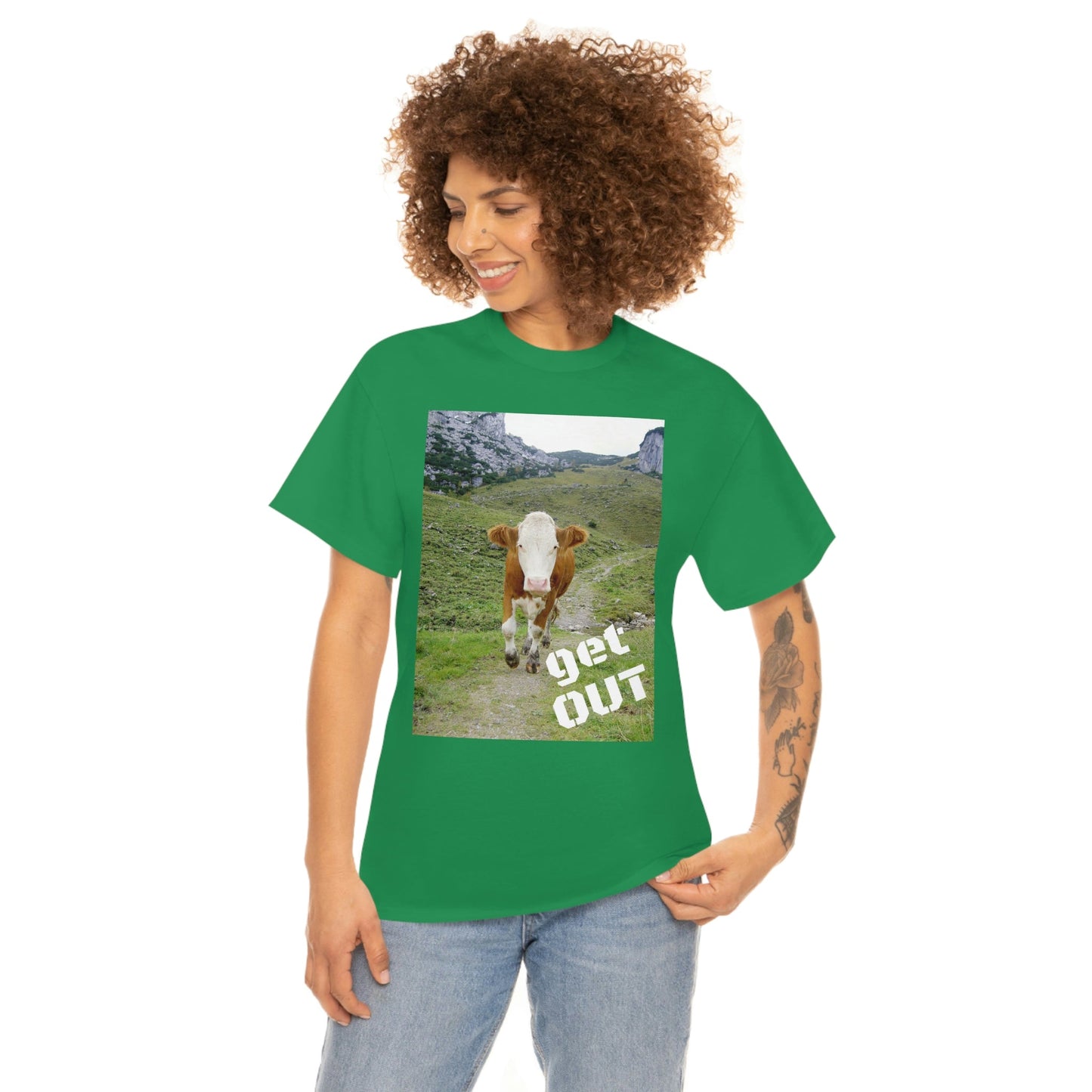 UNISEX Heavy Cotton Tee - Gildan 5000 - Holy Cow - GET OUT - Made in Canada by Print Geek in 3 days - Green Forest Home