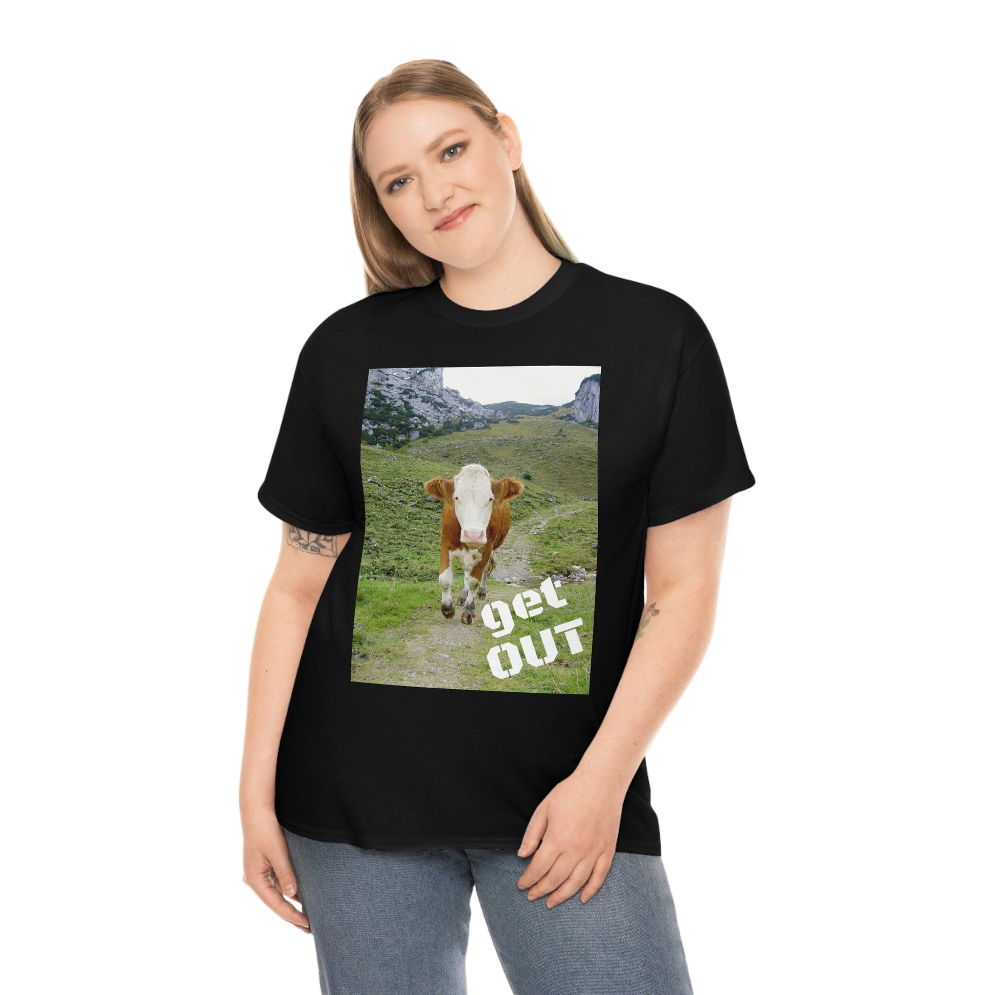 UNISEX Heavy Cotton Tee - Gildan 5000 - Holy Cow - GET OUT - Made in Canada by Print Geek in 3 days - Green Forest Home