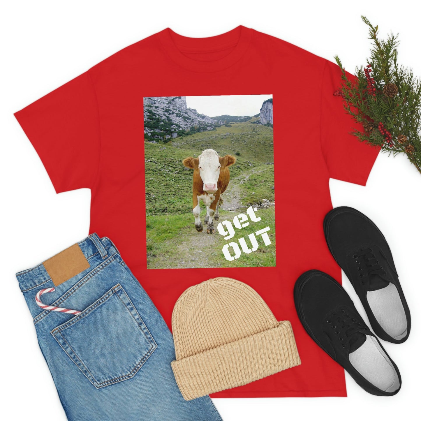 UNISEX Heavy Cotton Tee - Gildan 5000 - Holy Cow - GET OUT - Made in Canada by Print Geek in 3 days - Green Forest Home