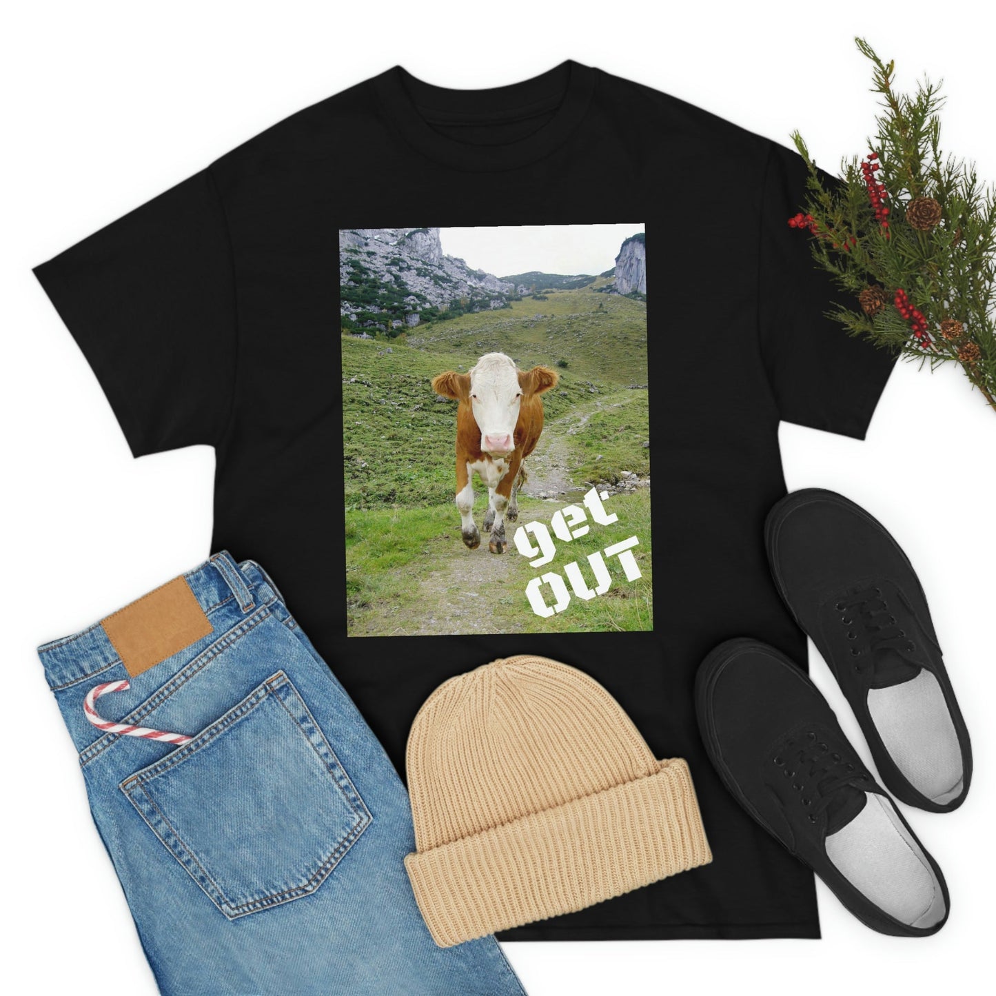 UNISEX Heavy Cotton Tee - Gildan 5000 - Holy Cow - GET OUT - Made in Canada by Print Geek in 3 days - Green Forest Home