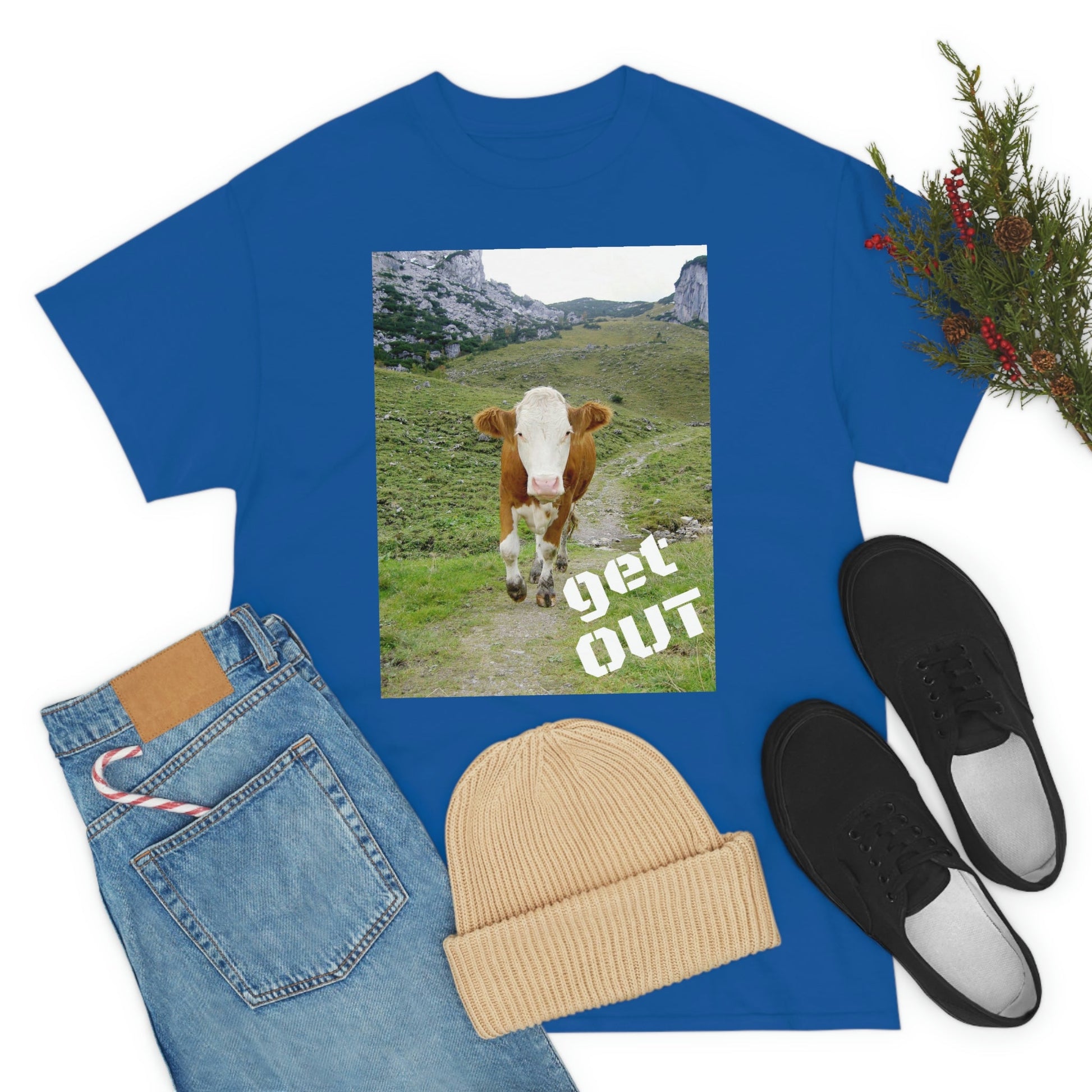 UNISEX Heavy Cotton Tee - Gildan 5000 - Holy Cow - GET OUT - Made in Canada by Print Geek in 3 days - Green Forest Home