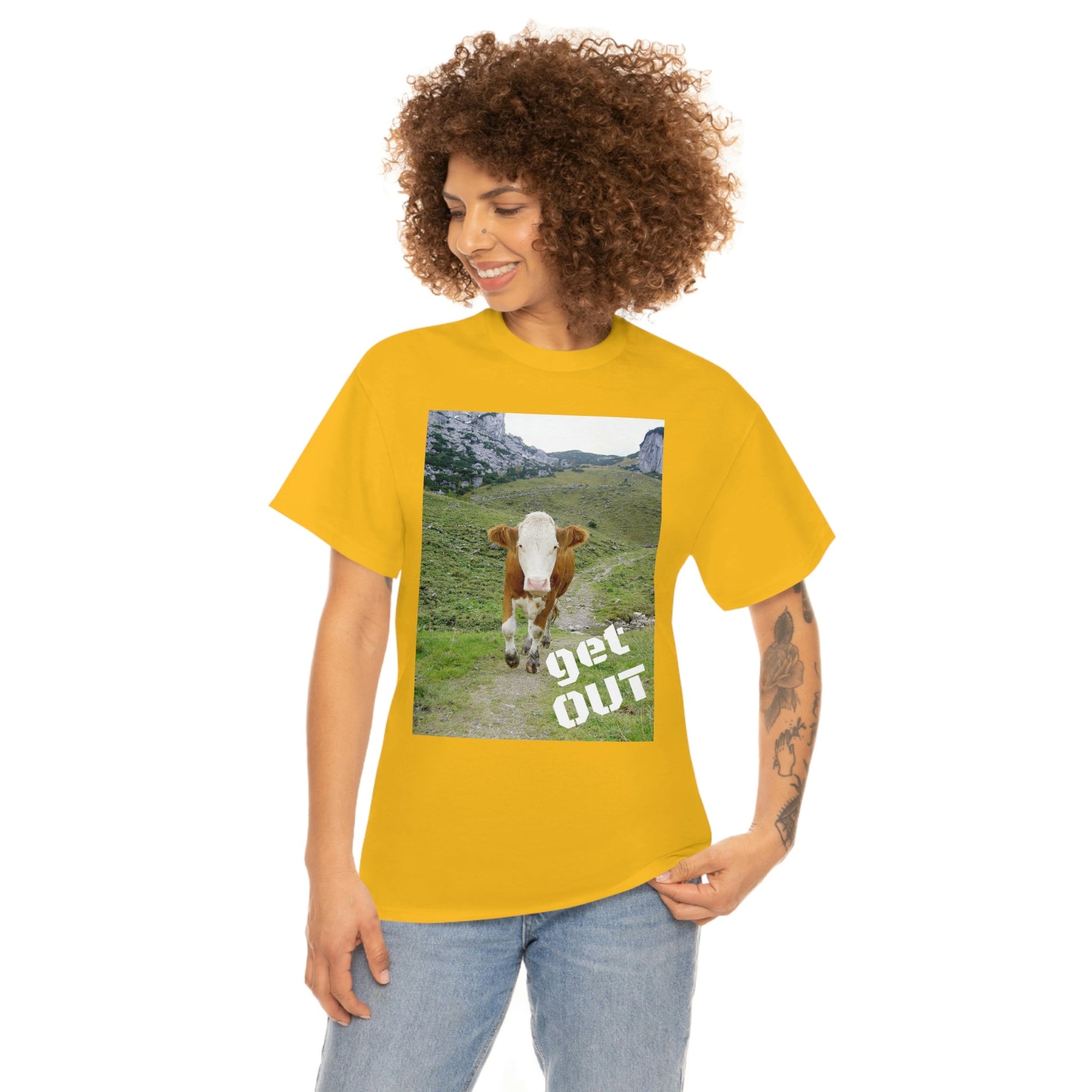 UNISEX Heavy Cotton Tee - Gildan 5000 - Holy Cow - GET OUT - Made in Canada by Print Geek in 3 days - Green Forest Home