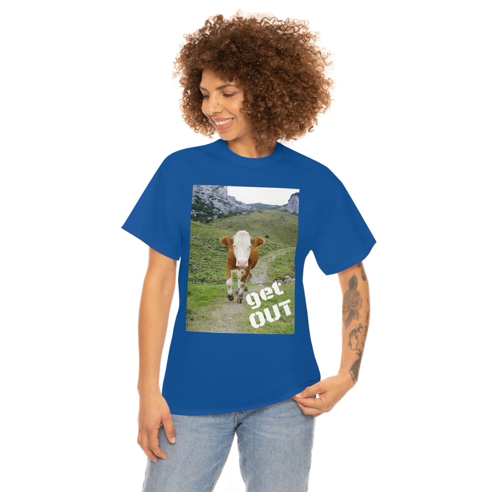 UNISEX Heavy Cotton Tee - Gildan 5000 - Holy Cow - GET OUT - Made in Canada by Print Geek in 3 days - Green Forest Home