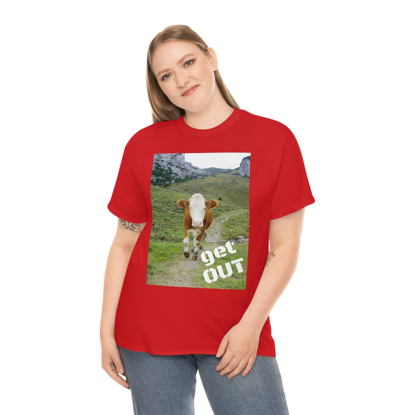 UNISEX Heavy Cotton Tee - Gildan 5000 - Holy Cow - GET OUT - Made in Canada by Print Geek in 3 days - Green Forest Home