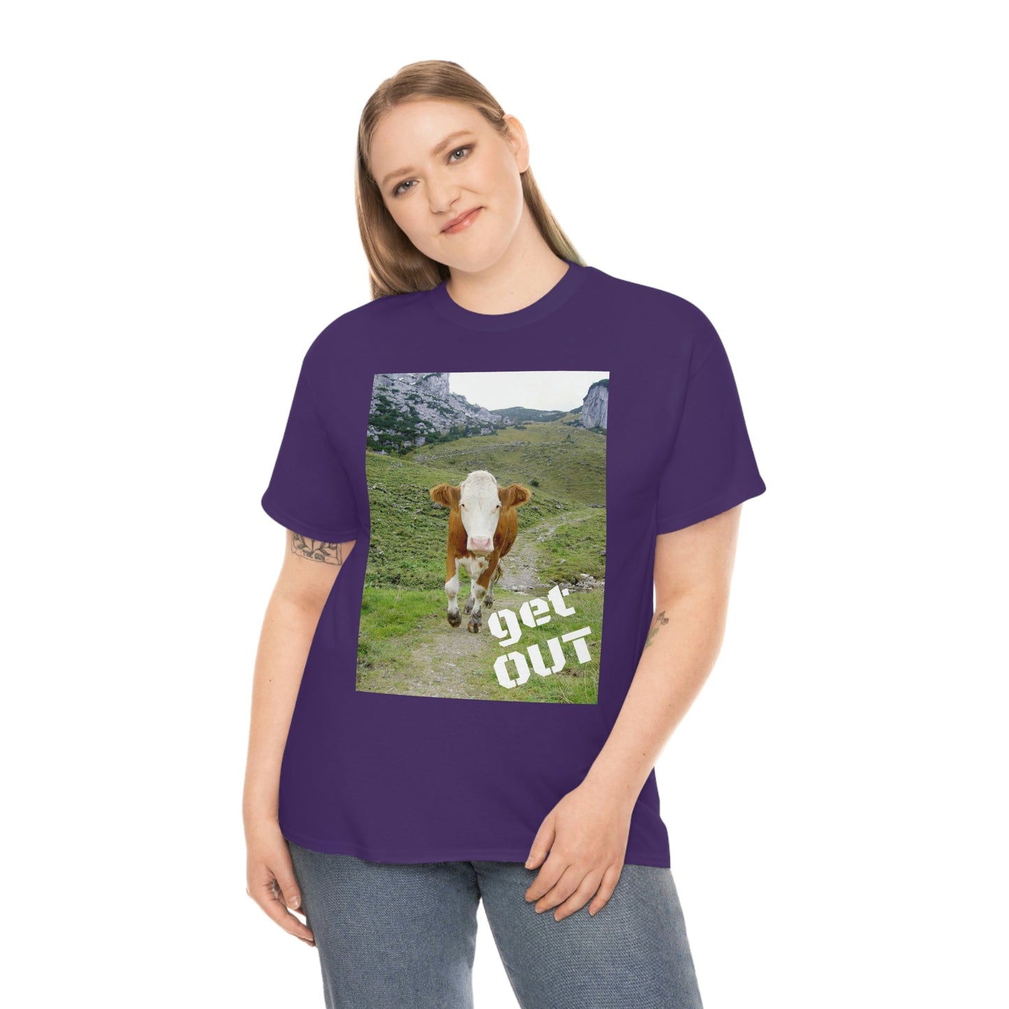 UNISEX Heavy Cotton Tee - Gildan 5000 - Holy Cow - GET OUT - Made in Canada by Print Geek in 3 days - Green Forest Home