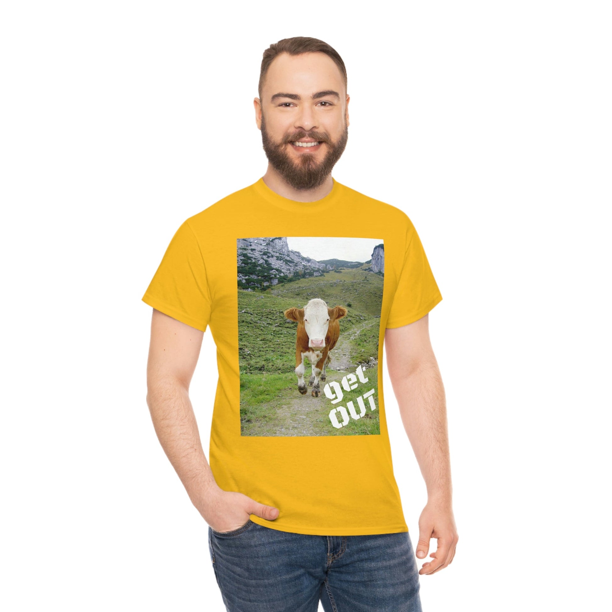 UNISEX Heavy Cotton Tee - Gildan 5000 - Holy Cow - GET OUT - Made in Canada by Print Geek in 3 days - Green Forest Home