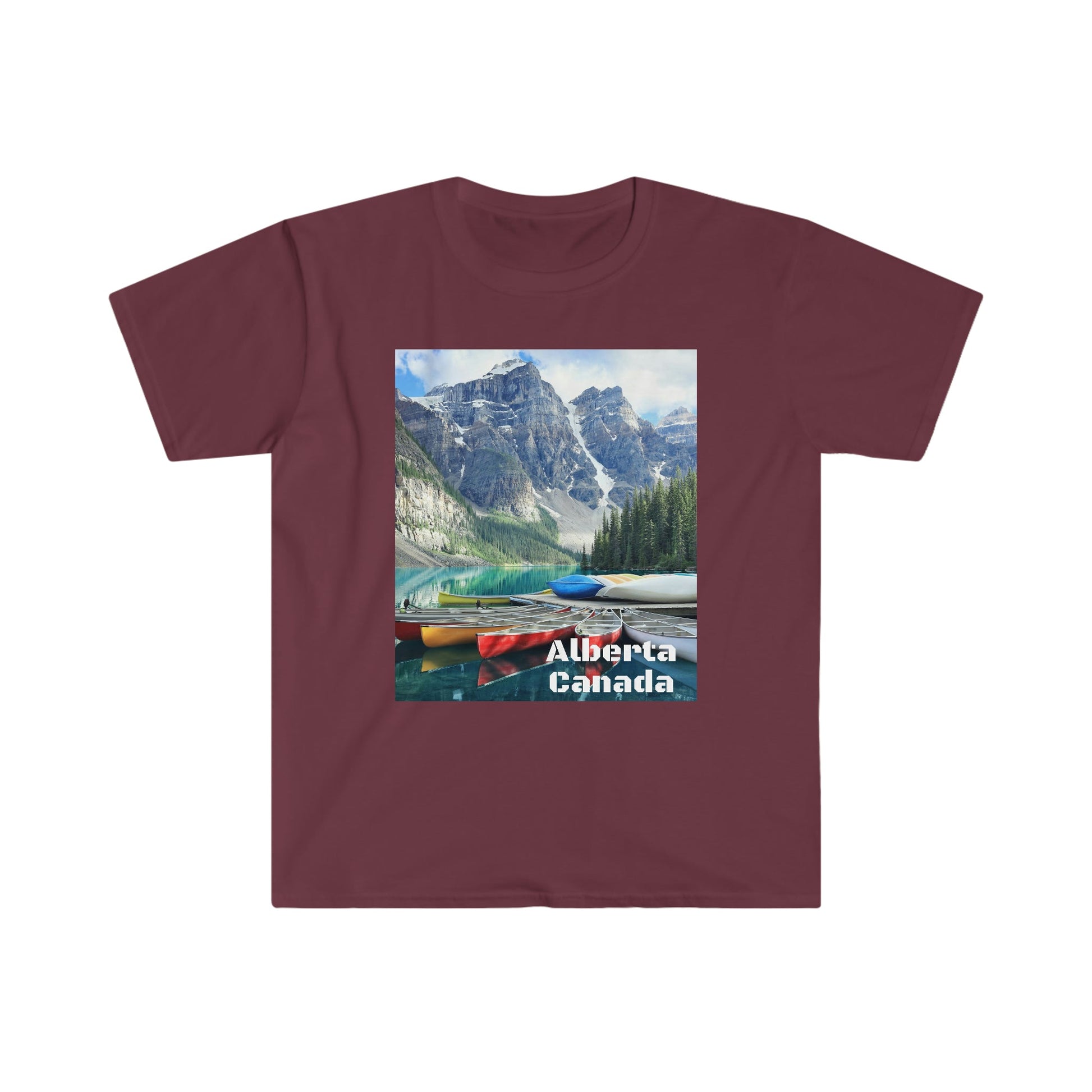 Unisex Softstyle T-Shirt - 100% cotton - Gildan 64000 - Made in CANADA in 3 Days - Moraine lake, Banff national park in the Rocky Mountains, Alberta & Canmore, Canada - Green Forest Home