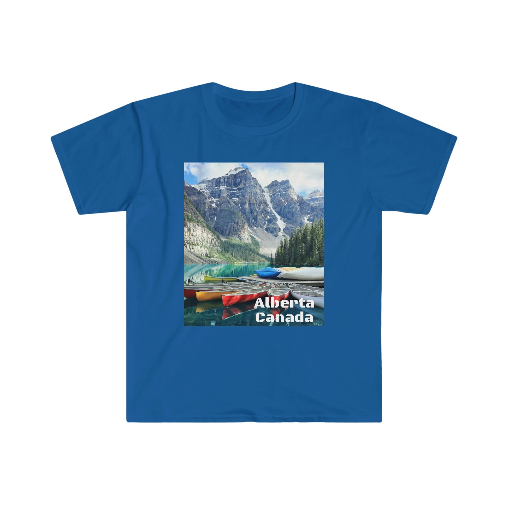 Unisex Softstyle T-Shirt - 100% cotton - Gildan 64000 - Made in CANADA in 3 Days - Moraine lake, Banff national park in the Rocky Mountains, Alberta & Canmore, Canada - Green Forest Home