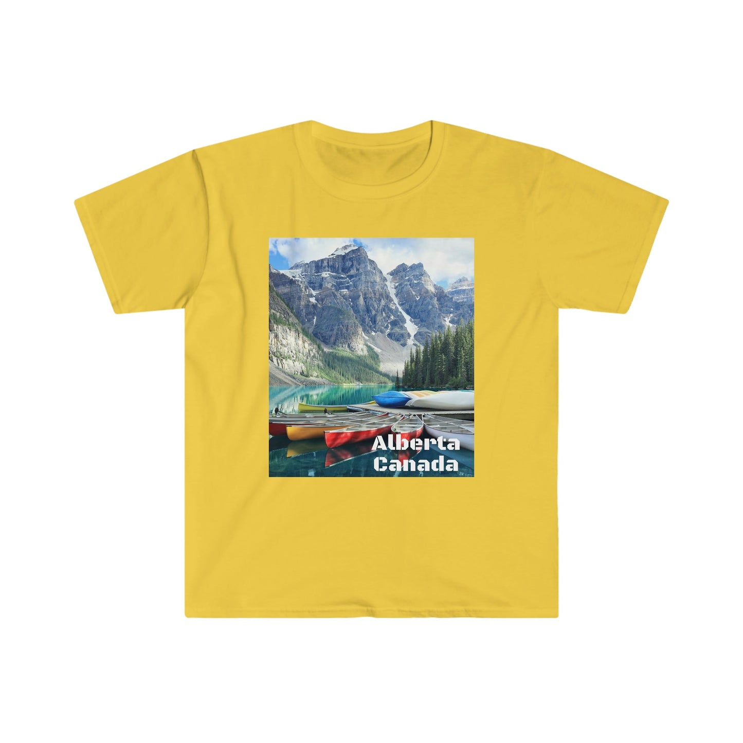 Unisex Softstyle T-Shirt - 100% cotton - Gildan 64000 - Made in CANADA in 3 Days - Moraine lake, Banff national park in the Rocky Mountains, Alberta & Canmore, Canada - Green Forest Home