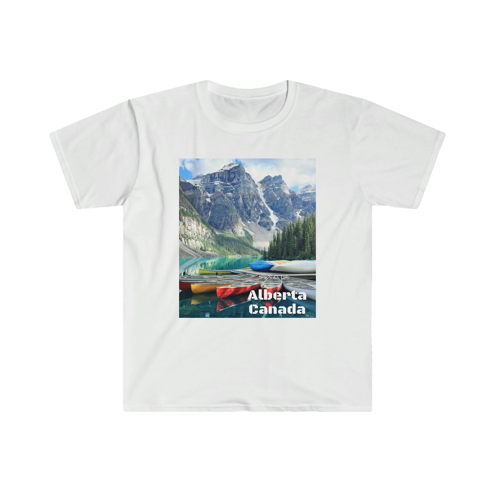 Unisex Softstyle T-Shirt - 100% cotton - Gildan 64000 - Made in CANADA in 3 Days - Moraine lake, Banff national park in the Rocky Mountains, Alberta & Canmore, Canada - Green Forest Home