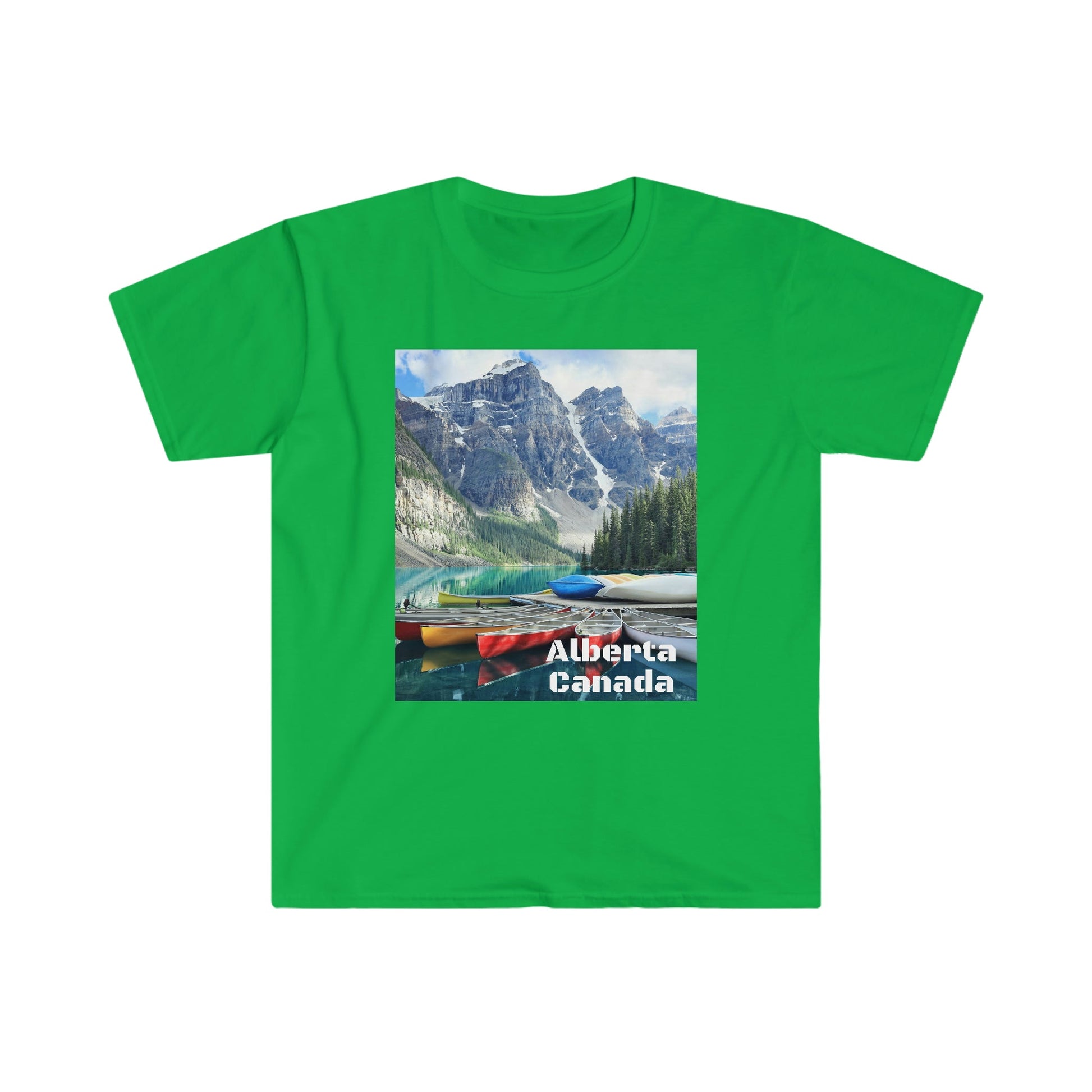 Unisex Softstyle T-Shirt - 100% cotton - Gildan 64000 - Made in CANADA in 3 Days - Moraine lake, Banff national park in the Rocky Mountains, Alberta & Canmore, Canada - Green Forest Home