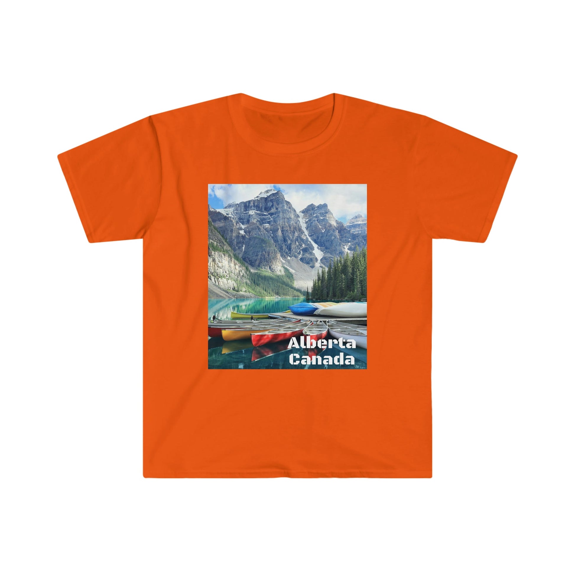 Unisex Softstyle T-Shirt - 100% cotton - Gildan 64000 - Made in CANADA in 3 Days - Moraine lake, Banff national park in the Rocky Mountains, Alberta & Canmore, Canada - Green Forest Home