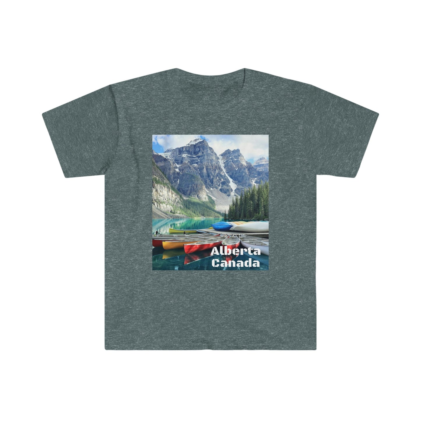 Unisex Softstyle T-Shirt - 100% cotton - Gildan 64000 - Made in CANADA in 3 Days - Moraine lake, Banff national park in the Rocky Mountains, Alberta & Canmore, Canada - Green Forest Home