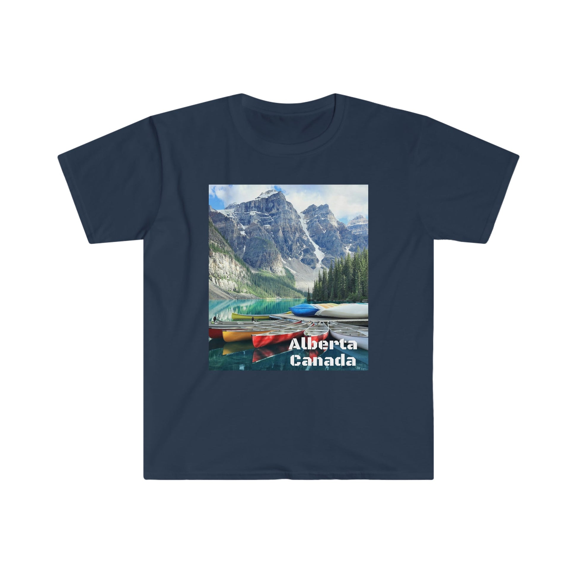 Unisex Softstyle T-Shirt - 100% cotton - Gildan 64000 - Made in CANADA in 3 Days - Moraine lake, Banff national park in the Rocky Mountains, Alberta & Canmore, Canada - Green Forest Home