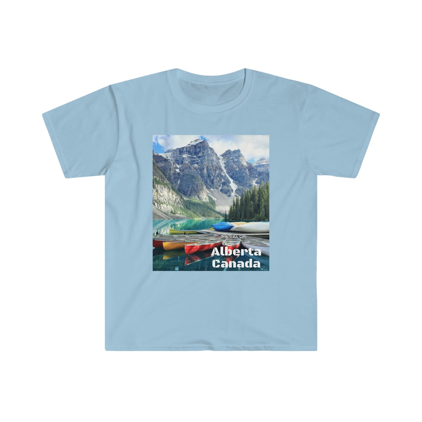 Unisex Softstyle T-Shirt - 100% cotton - Gildan 64000 - Made in CANADA in 3 Days - Moraine lake, Banff national park in the Rocky Mountains, Alberta & Canmore, Canada - Green Forest Home