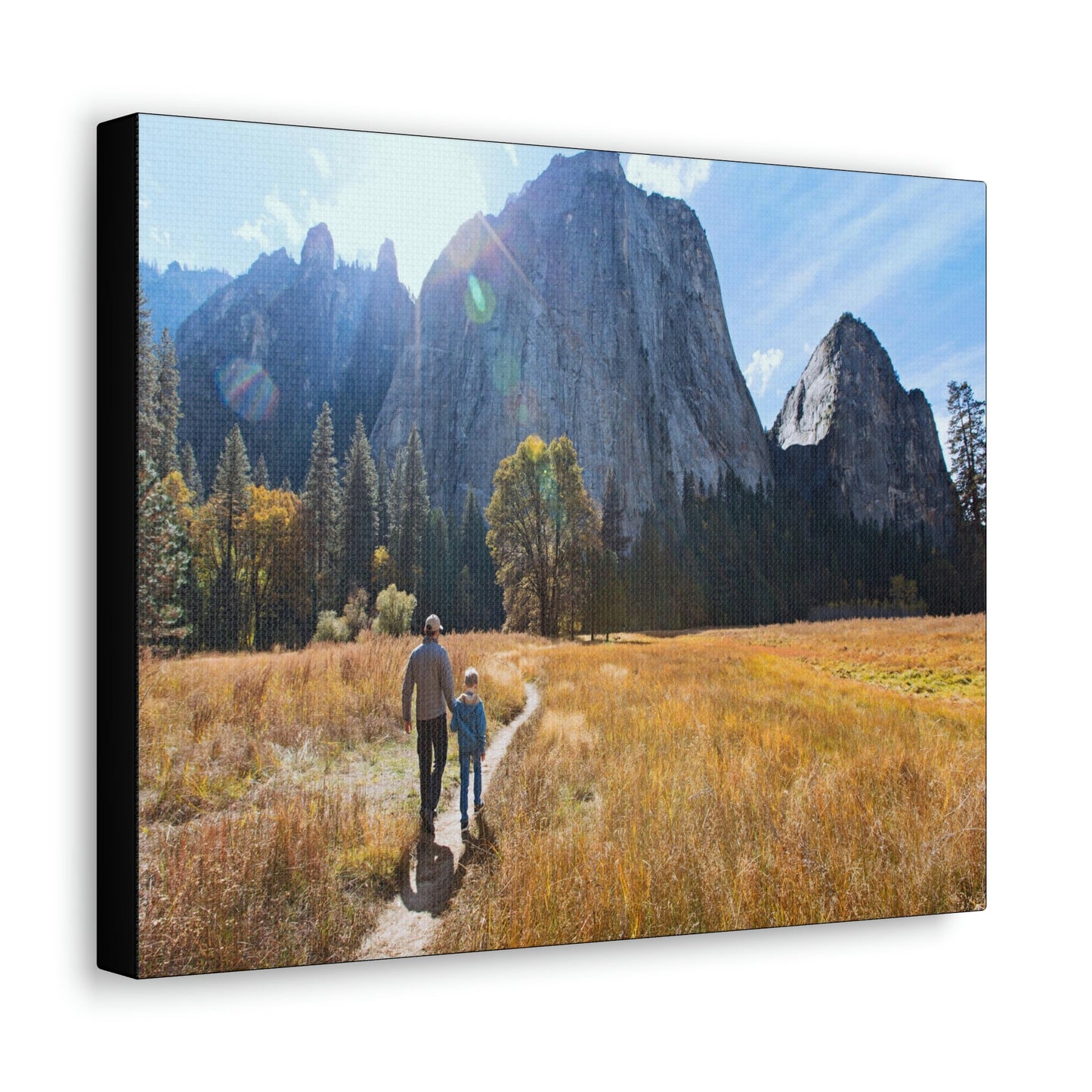 US NATIONAL PARKS - SMALL Canvas Gallery Wraps - Leading by example - Father & son on trail in Yosemite - Green Forest Home