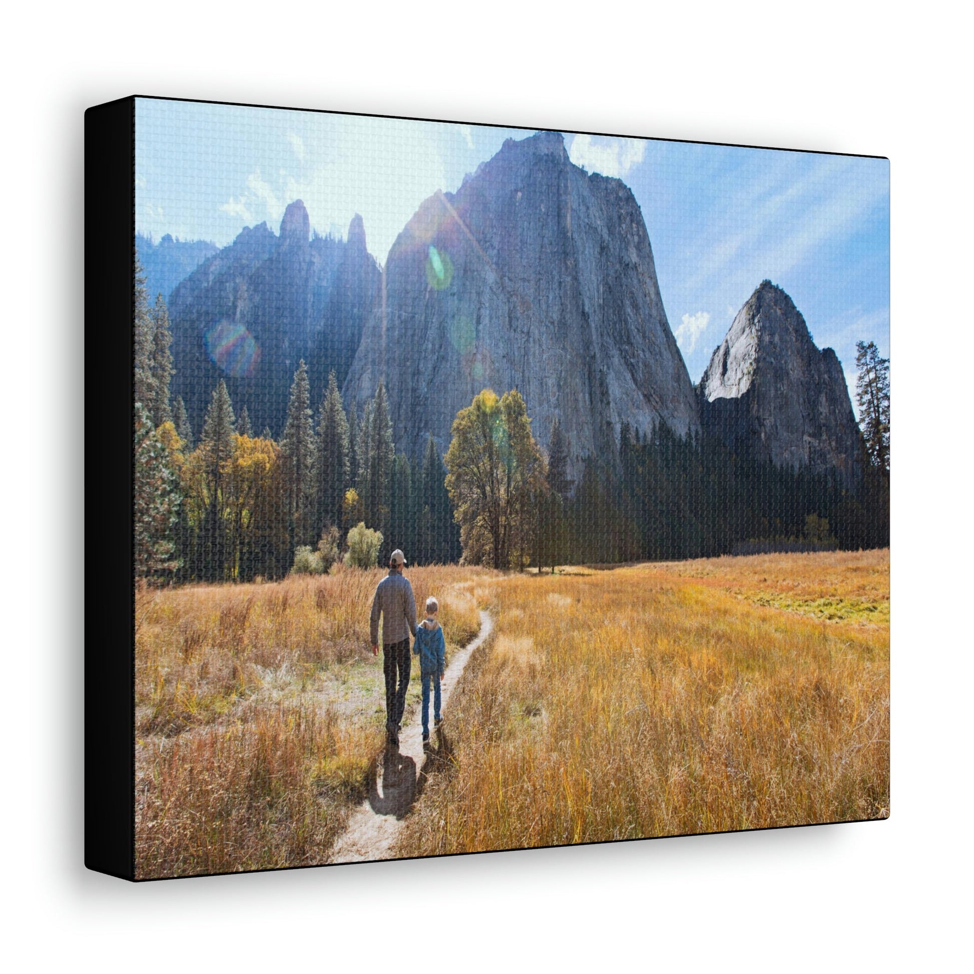 US NATIONAL PARKS - SMALL Canvas Gallery Wraps - Leading by example - Father & son on trail in Yosemite - Green Forest Home