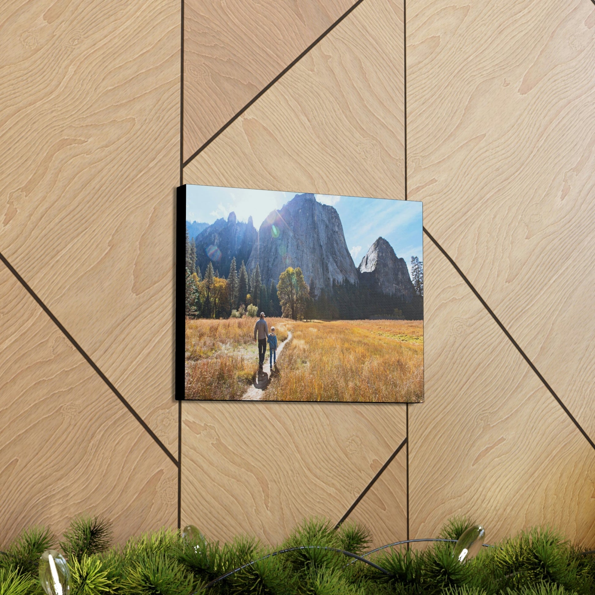 US NATIONAL PARKS - SMALL Canvas Gallery Wraps - Leading by example - Father & son on trail in Yosemite - Green Forest Home