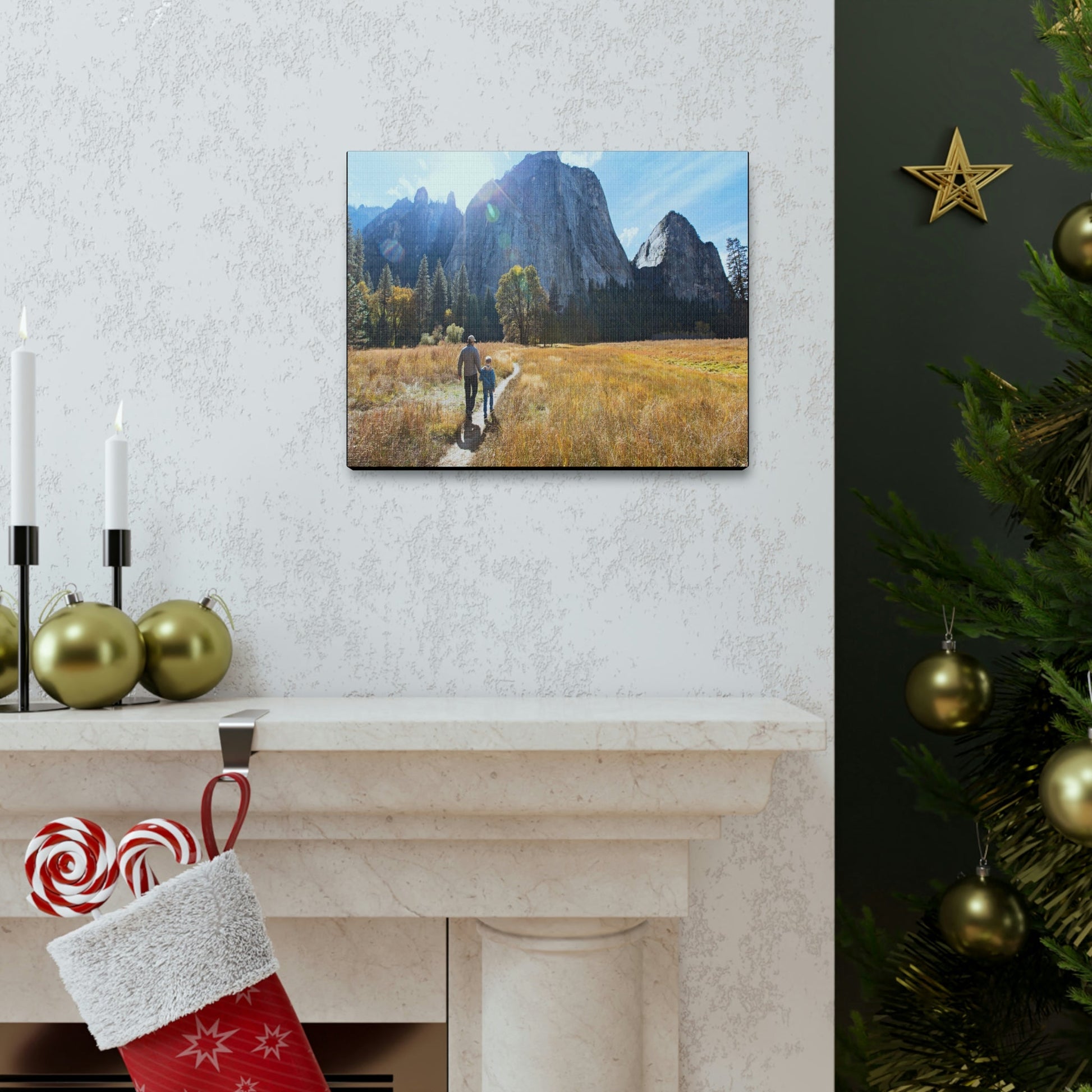 US NATIONAL PARKS - SMALL Canvas Gallery Wraps - Leading by example - Father & son on trail in Yosemite - Green Forest Home