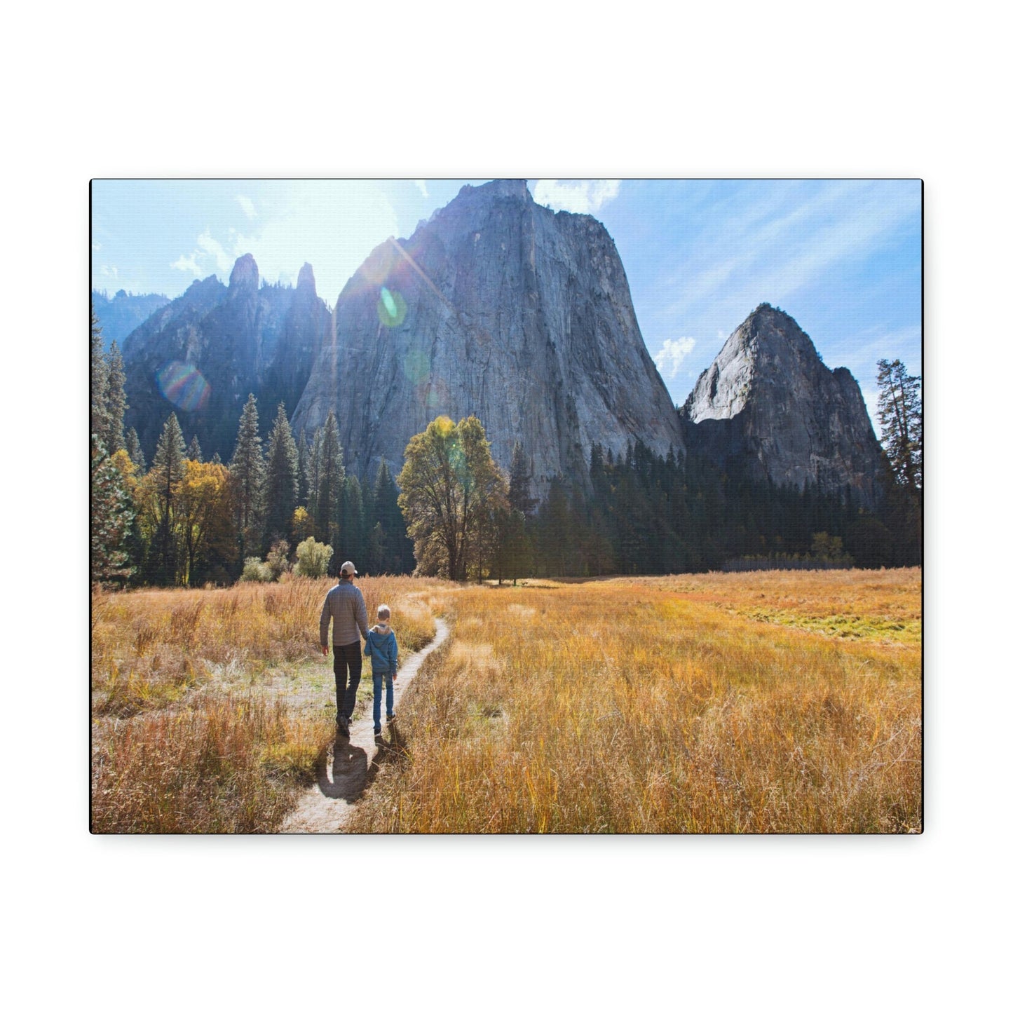 US NATIONAL PARKS - SMALL Canvas Gallery Wraps - Leading by example - Father & son on trail in Yosemite - Green Forest Home