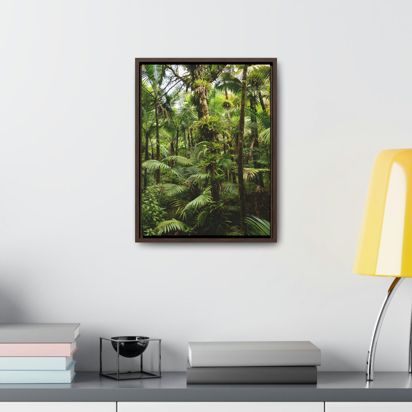 Vertical Framed Premium Gallery Wrap Canvas - The thick Sierra Palm and bromeliads forest in El Yunque rainforest PR - Green Forest Home