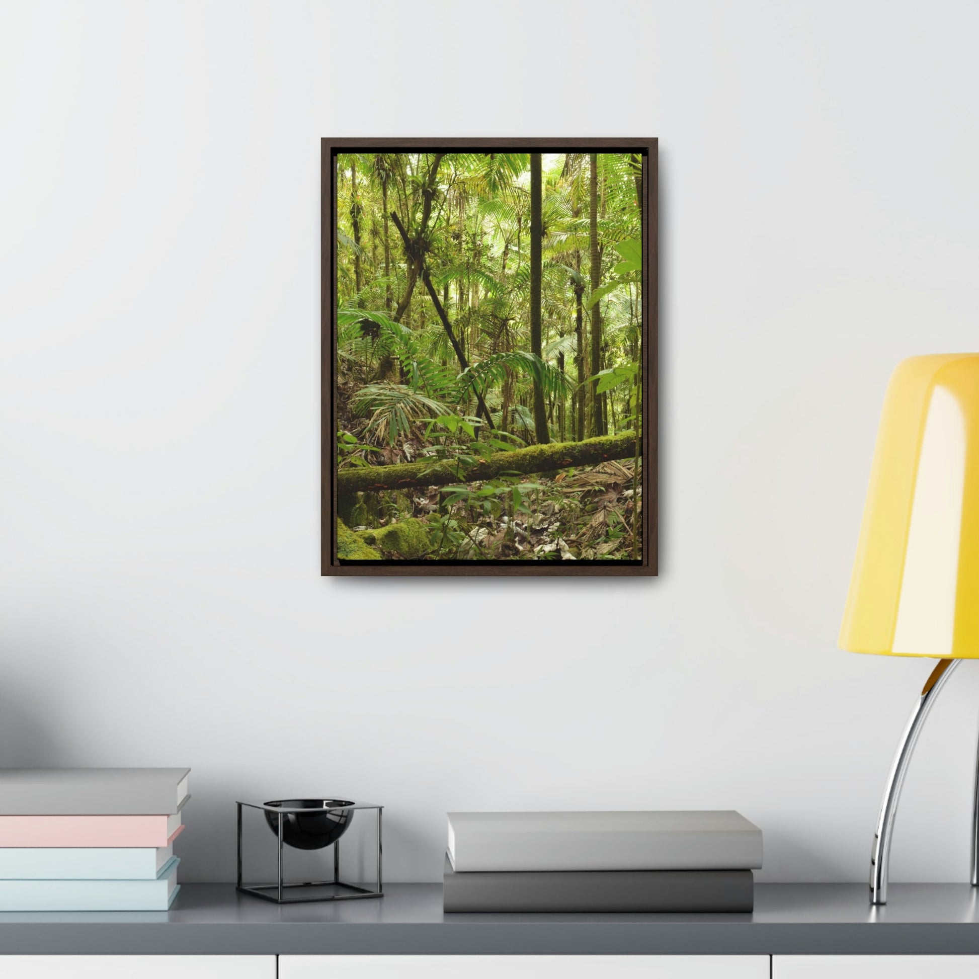 Vertical Framed Premium Gallery Wrap Canvas - The thick Sierra Palm and bromeliads forest in El Yunque rainforest PR - Green Forest Home