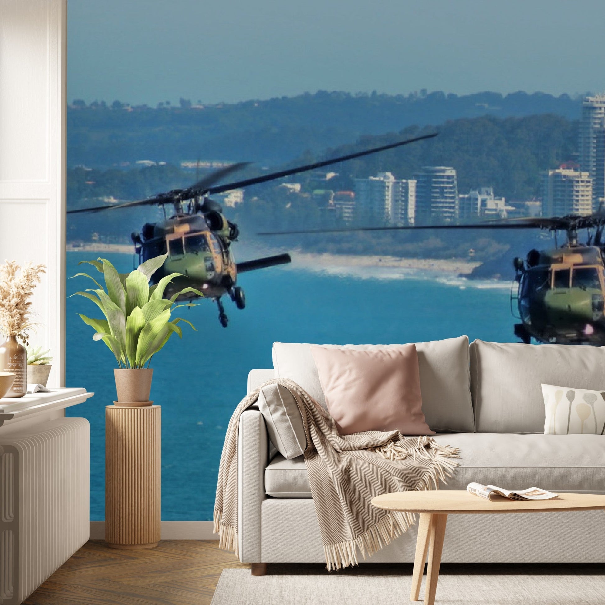 Wallpaper - Australian Army Black choppers fly North across Surfers Paradise and Gold Coast beaches - Australia - Peel and Stick - Green Forest Home