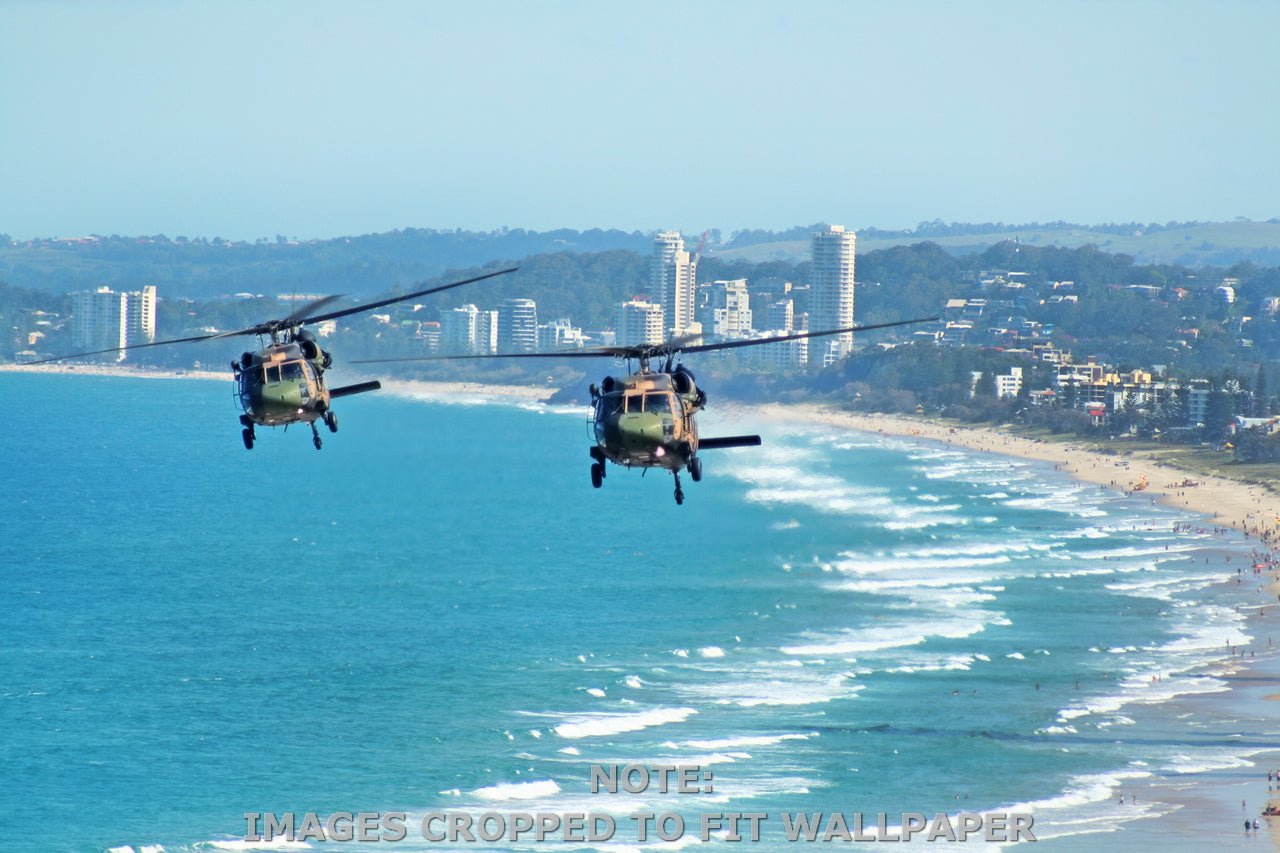 Wallpaper - Australian Army Black choppers fly North across Surfers Paradise and Gold Coast beaches - Australia - Peel and Stick - Green Forest Home