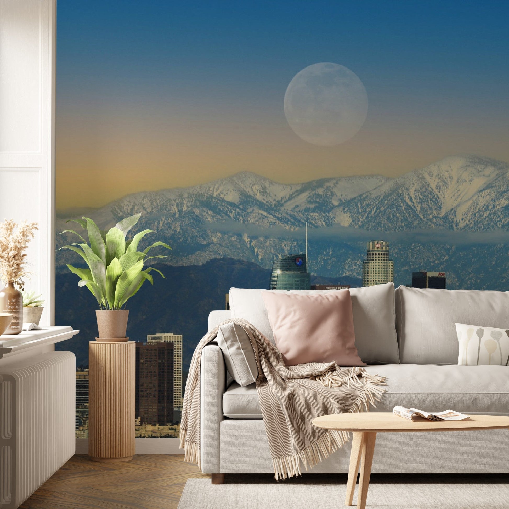 Wallpaper - Moonrise Image of Downtown City of LA California USA - Easy Peel & Stick - Green Forest Home