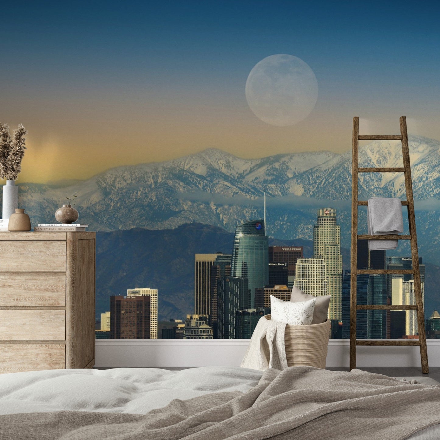 Wallpaper - Moonrise Image of Downtown City of LA California USA - Easy Peel & Stick - Green Forest Home